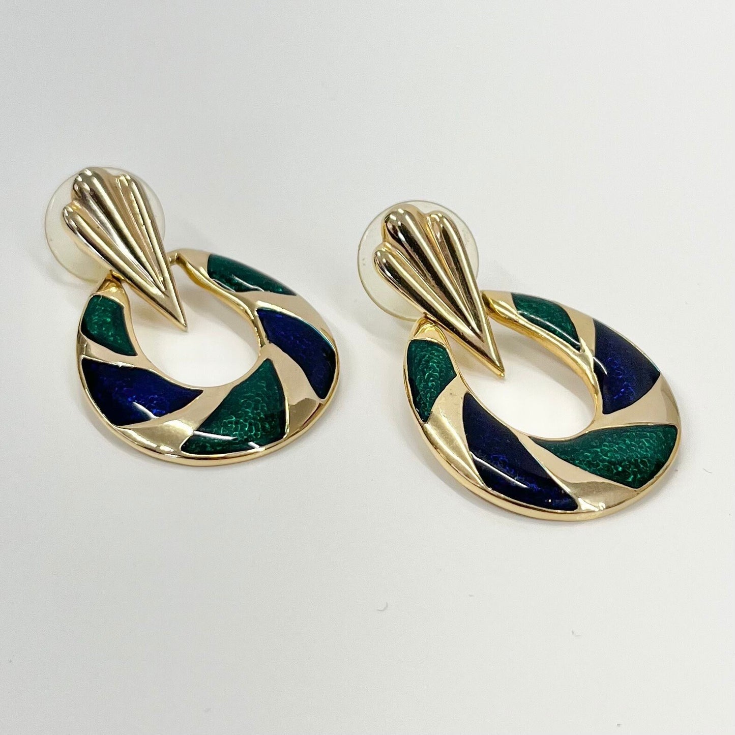 Vintage Blue & Green Enamel Teardrop Hoop Earrings 1980’s - 1990’s Gold Tone TheGreenGlassGemShop