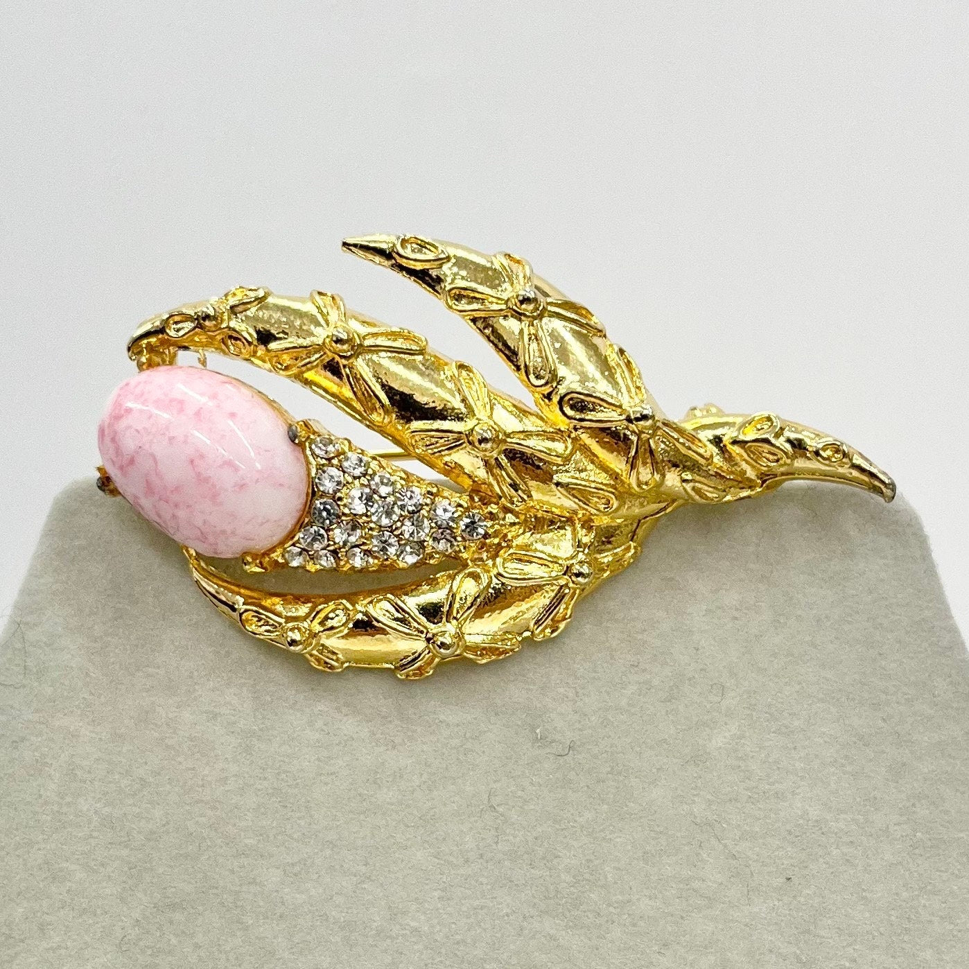 Unusual Vintage Gold Tone Brooch with Clear Crystal Accents & a Pink Glass Cabachon Costume Jewellery Statement Piece TheGreenGlassGemShop