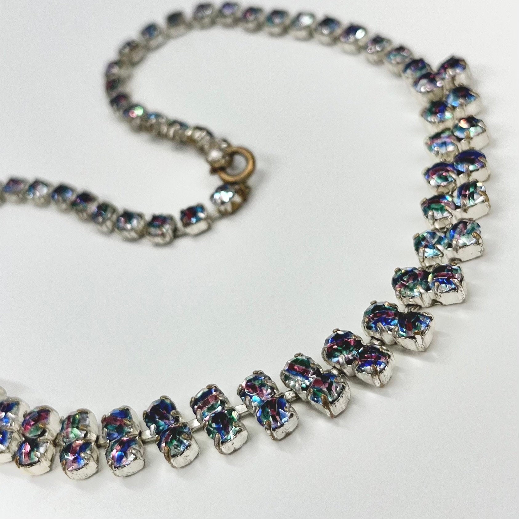 Vintage 1940’s - 1950’s Silver Tone Rainbow Iris Czech Crystal Droplet Necklace Beautiful Sparkling Colours TheGreenGlassGemShop