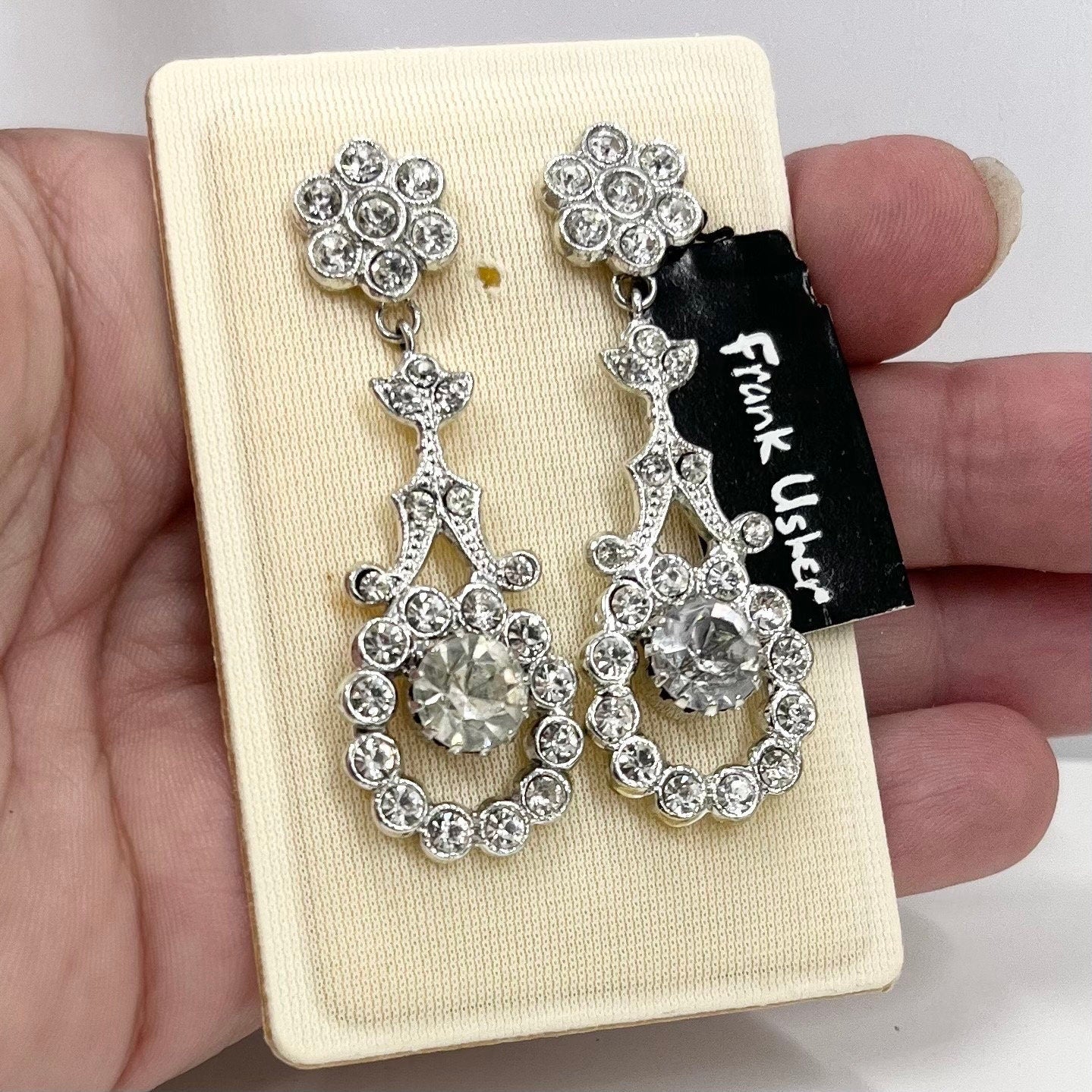 Vintage Frank Usher Crystal Flower Drop Earrings Silver Tone Statement Style 1980’s - 1990’s New Vintage Dead Stock TheGreenGlassGemShop