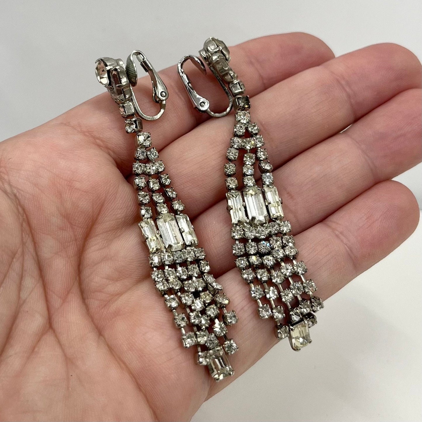 Vintage Clear Crystal Tassle Drop Clip On Earrings Silver Tone Statement Style 1980’s - 1990’s New Vintage Dead Stock TheGreenGlassGemShop