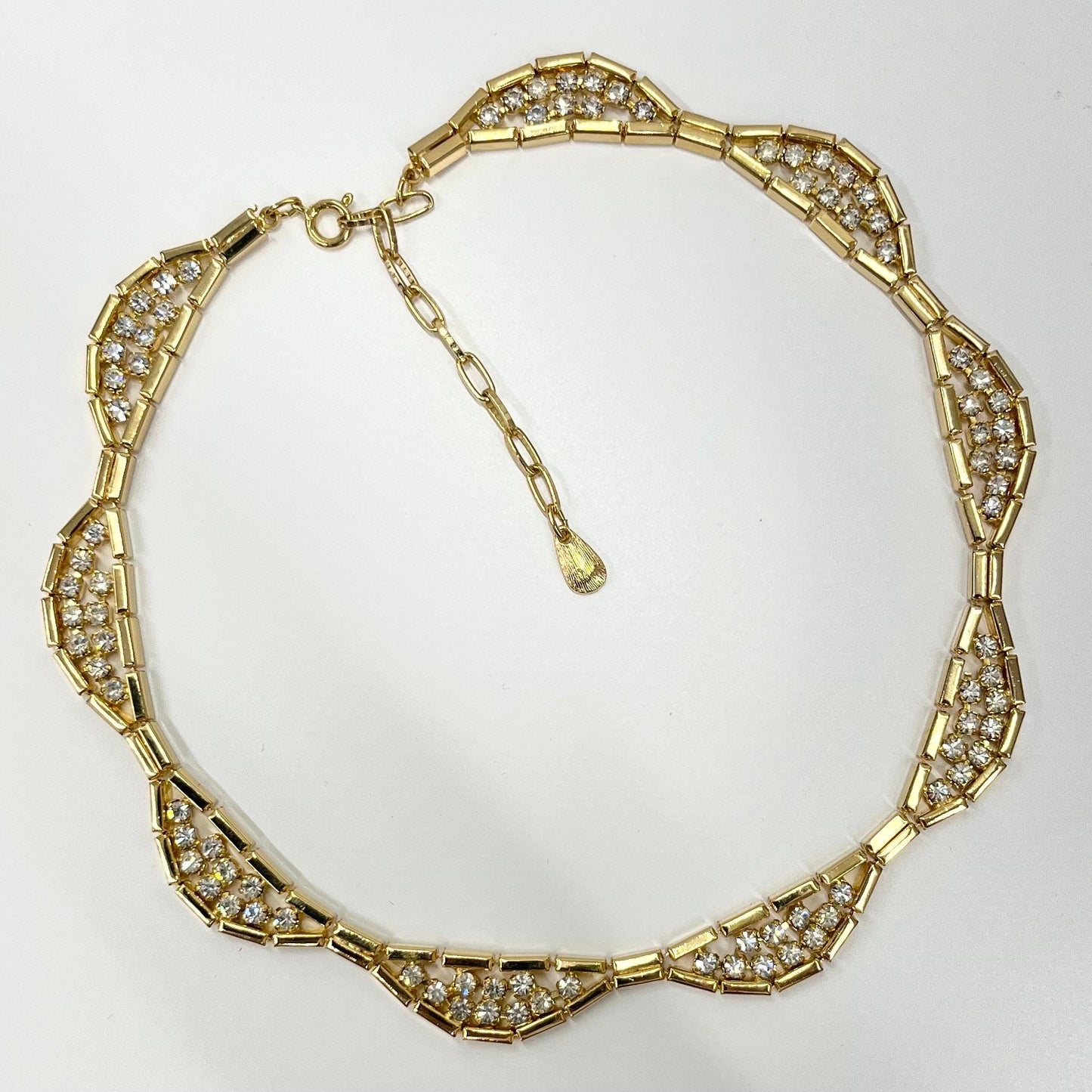 Vintage Gold Plated Scalloped Crystal Collar Necklace with Sparkling Diamante Accents 1980’s New Vintage Dead Stock TheGreenGlassGemShop