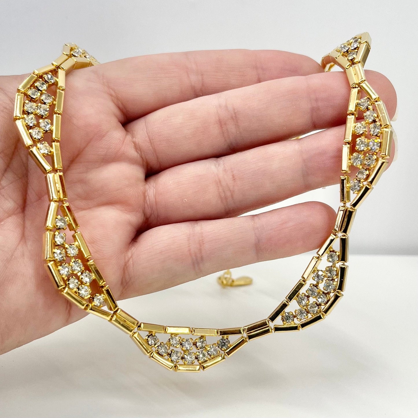 Vintage Gold Plated Scalloped Crystal Collar Necklace with Sparkling Diamante Accents 1980’s New Vintage Dead Stock TheGreenGlassGemShop