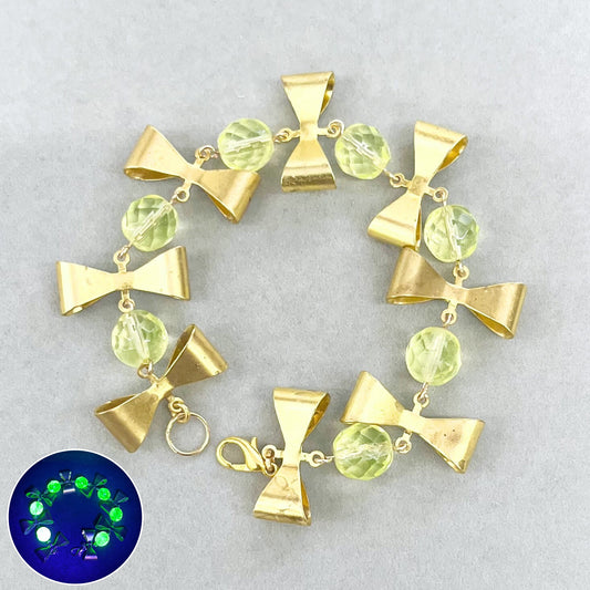 Gold Tone Yellow Uranium Glass Crystal Bow Link Bead Bracelet UV Reactive Glow Jewellery TheGreenGlassGemShop