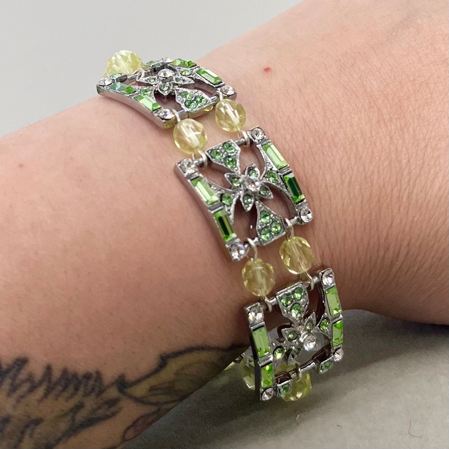 Art Nouveau Style Yellow & Green Uranium Glass Crystal Bead Bracelet Silver Plated UV Reactive Glow Jewellery TheGreenGlassGemShop