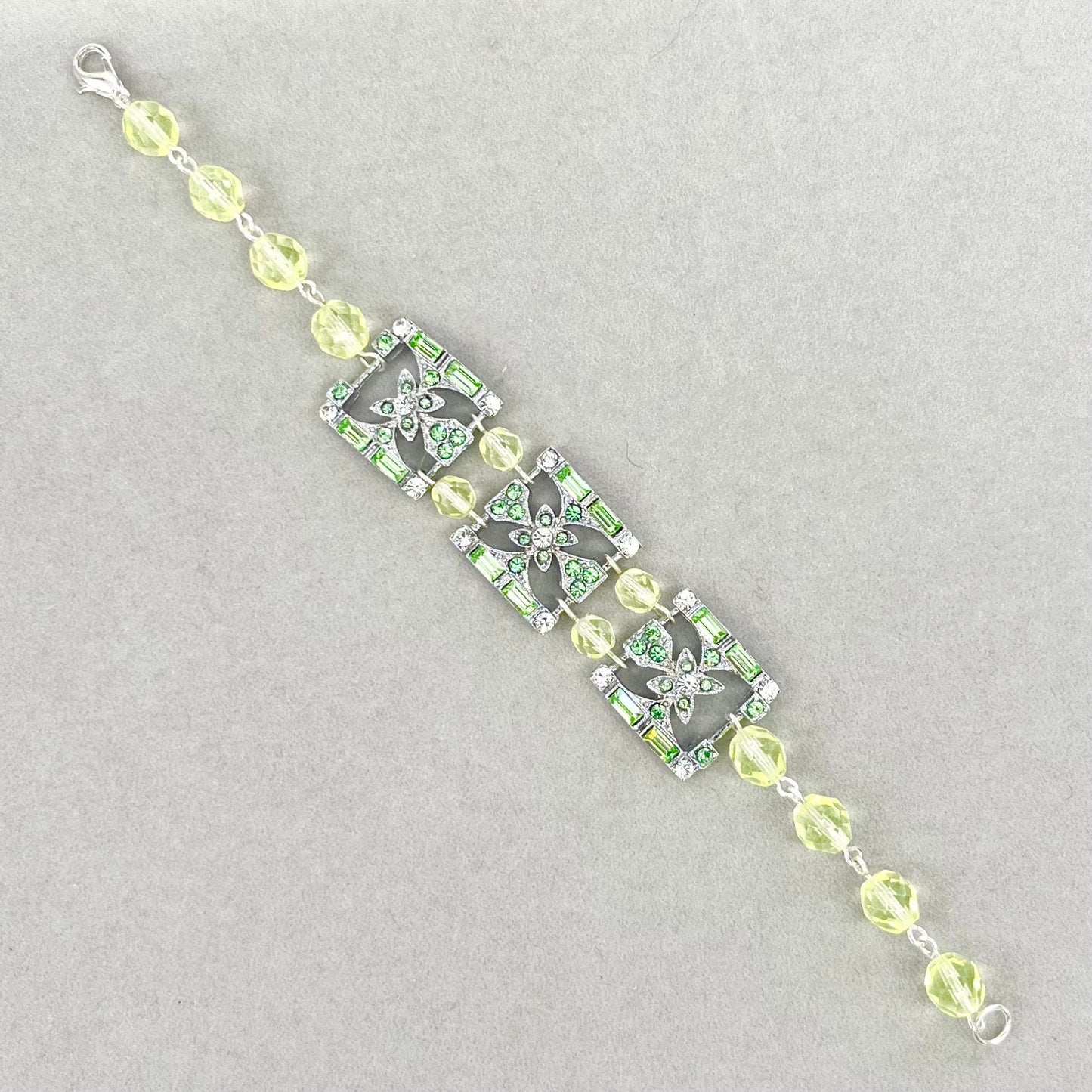 Art Nouveau Style Yellow & Green Uranium Glass Crystal Bead Bracelet Silver Plated UV Reactive Glow Jewellery TheGreenGlassGemShop