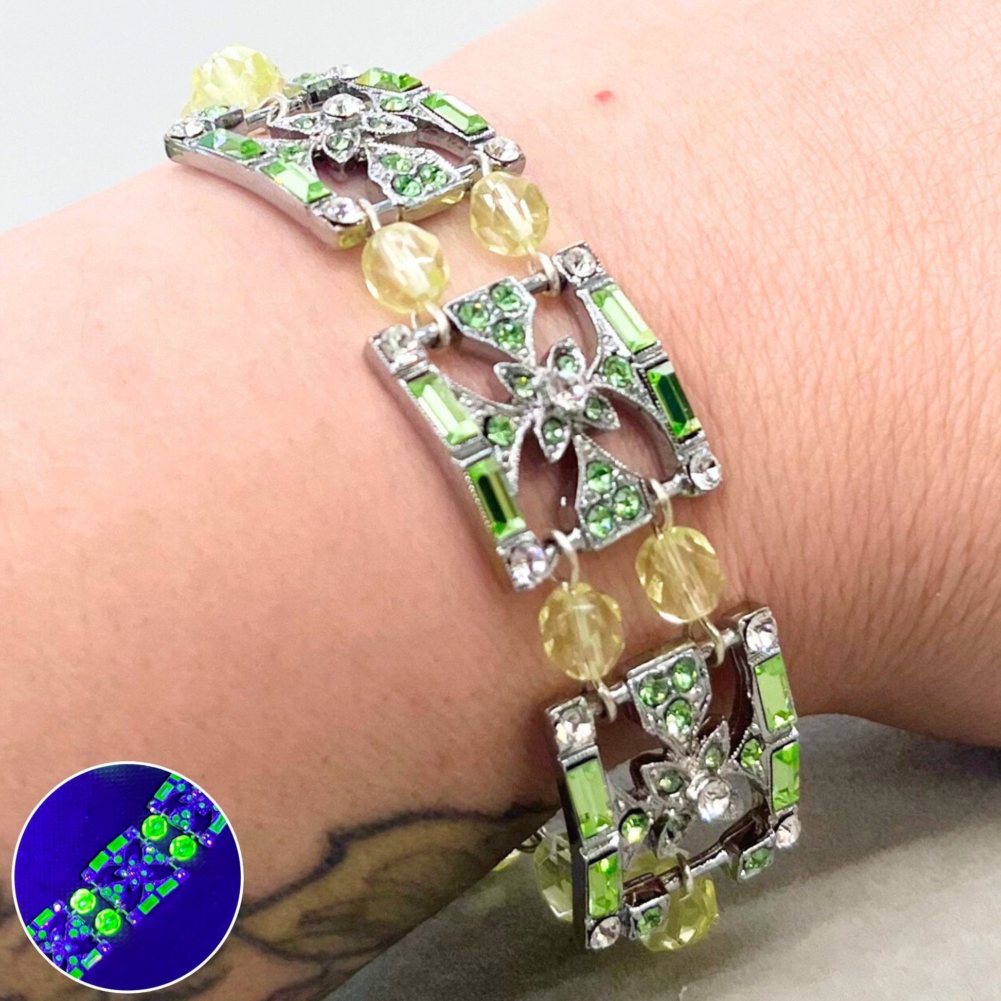 Art Nouveau Style Yellow & Green Uranium Glass Crystal Bead Bracelet Silver Plated UV Reactive Glow Jewellery TheGreenGlassGemShop