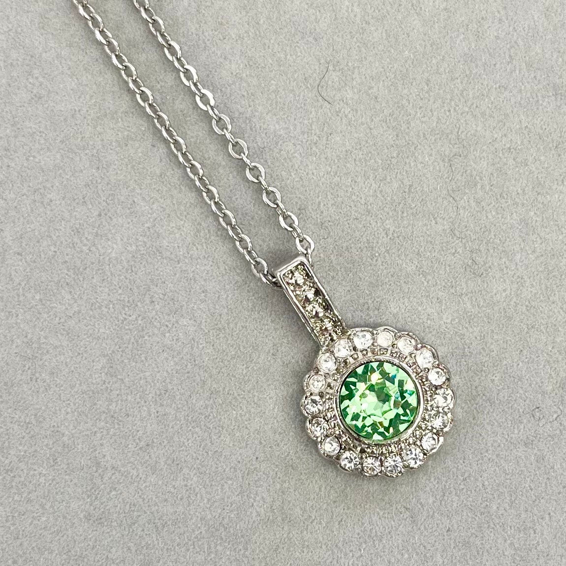 Vintage Round Green Crystal Pendant Necklace on an 15” Chain with 3” Extender Vintage Uranium Swarovski Crystal UV Reactive Glow TheGreenGlassGemShop