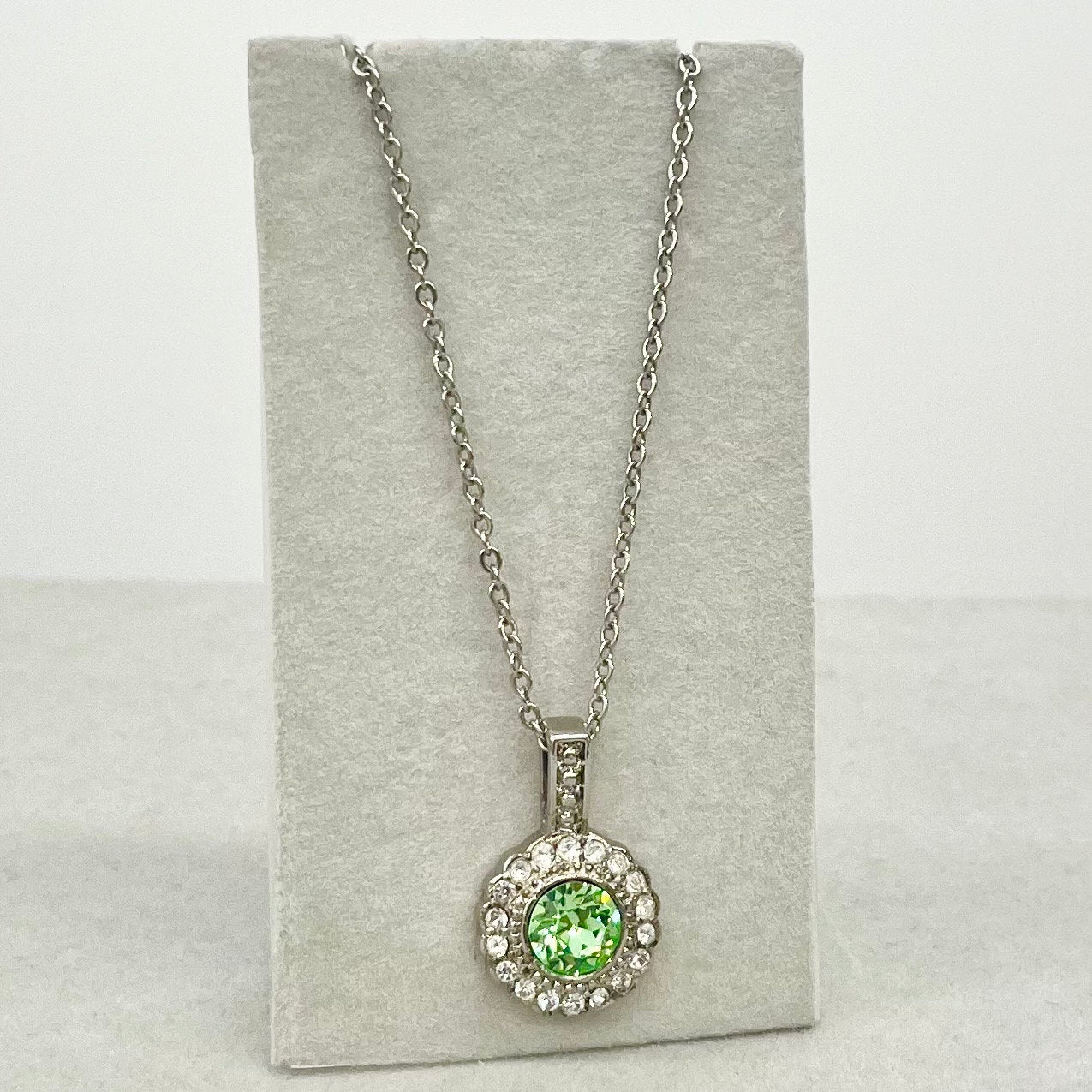 Vintage Round Green Crystal Pendant Necklace on an 15” Chain with 3” Extender Vintage Uranium Swarovski Crystal UV Reactive Glow TheGreenGlassGemShop