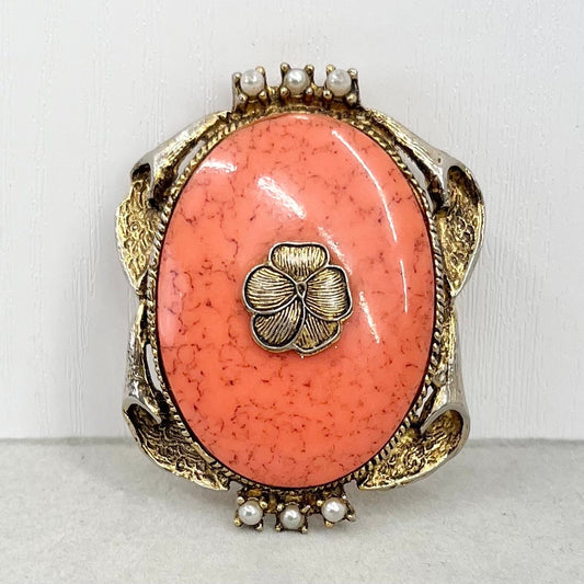 Vintage Hollywood Gold Tone Regency Style Brooch Oval Shape with Faux Coral & Faux Pearl Accents Peach Coloured TheGreenGlassGemShop