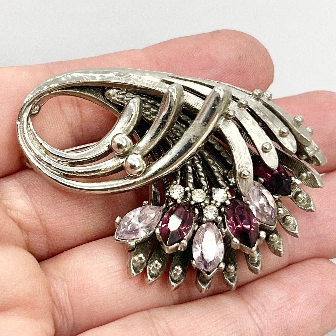 Vintage Quality Silver Tone Amethyst Purple Crystal Brooch Exquisite Floral Spray Design Costume Jewellery Statement Piece TheGreenGlassGemShop