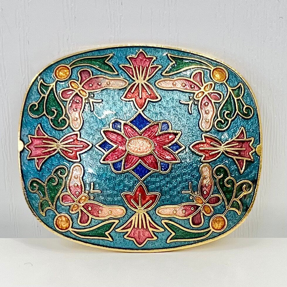 Vintage Gold Tone Cloisonne Enamel Floral Brooch Costume Jewellery Piece Blue Red & Green Tones TheGreenGlassGemShop