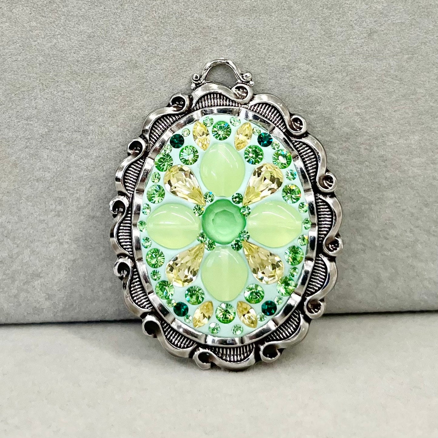 Uranium Glass & Crystal Pendant with Vintage Uranium Swarovski Crystal Elements in a Silver Tone Setting UV Reactive Glow TheGreenGlassGemShop