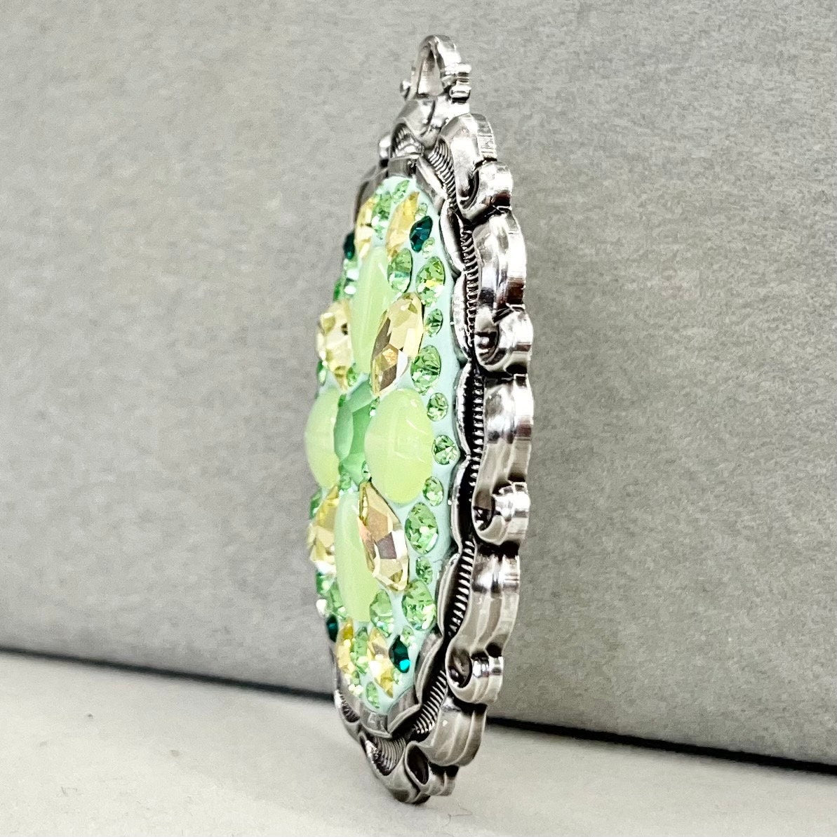 Uranium Glass & Crystal Pendant with Vintage Uranium Swarovski Crystal Elements in a Silver Tone Setting UV Reactive Glow TheGreenGlassGemShop