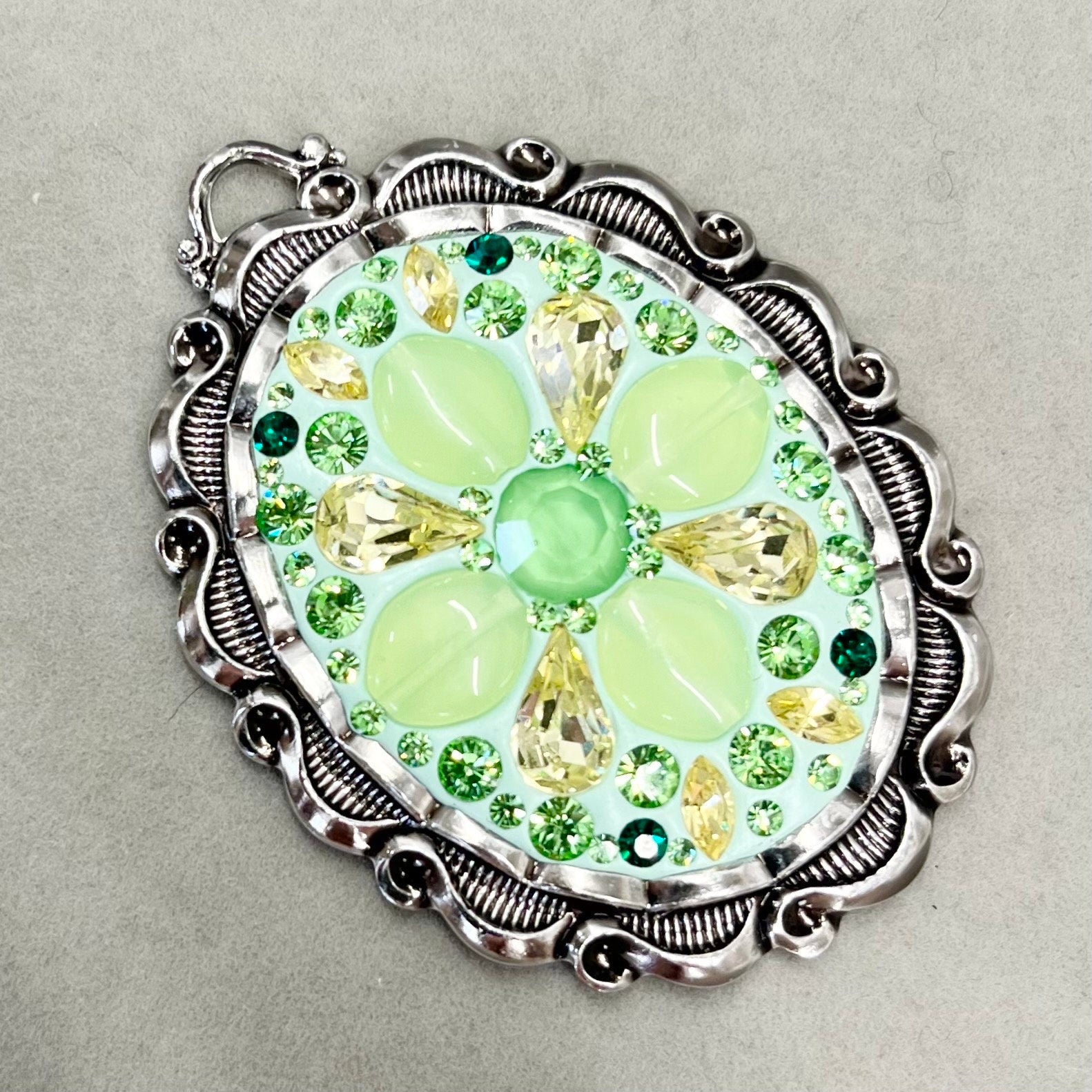 Uranium Glass & Crystal Pendant with Vintage Uranium Swarovski Crystal Elements in a Silver Tone Setting UV Reactive Glow TheGreenGlassGemShop