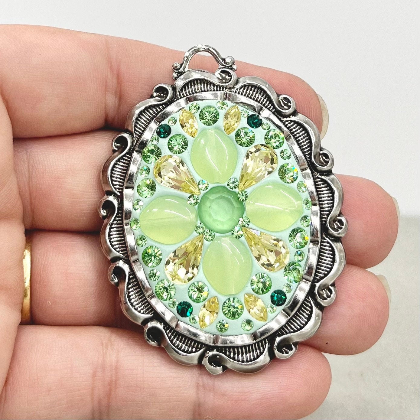 Uranium Glass & Crystal Pendant with Vintage Uranium Swarovski Crystal Elements in a Silver Tone Setting UV Reactive Glow TheGreenGlassGemShop