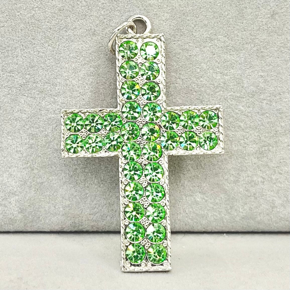 Statement Large Green Crystal Cross / Crucifix Pendant with Vintage Uranium Swarovski Crystal Elements UV Reactive Glow Gothic TheGreenGlassGemShop