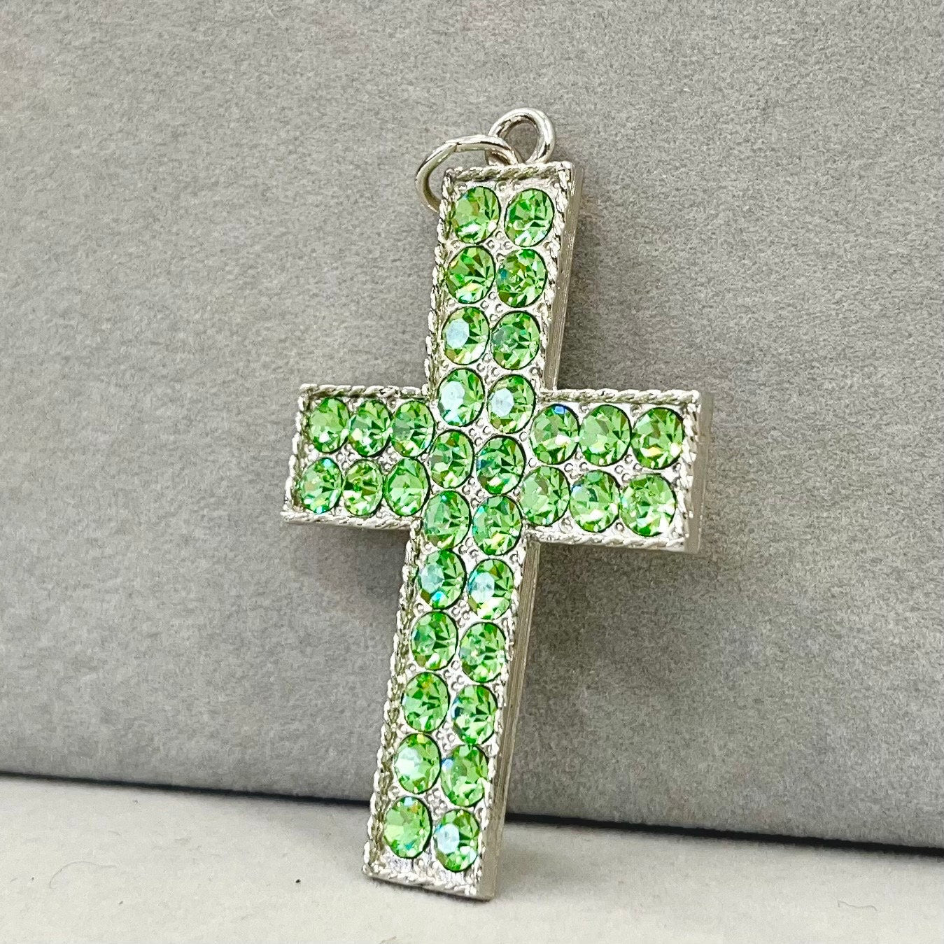 Statement Large Green Crystal Cross / Crucifix Pendant with Vintage Uranium Swarovski Crystal Elements UV Reactive Glow Gothic TheGreenGlassGemShop