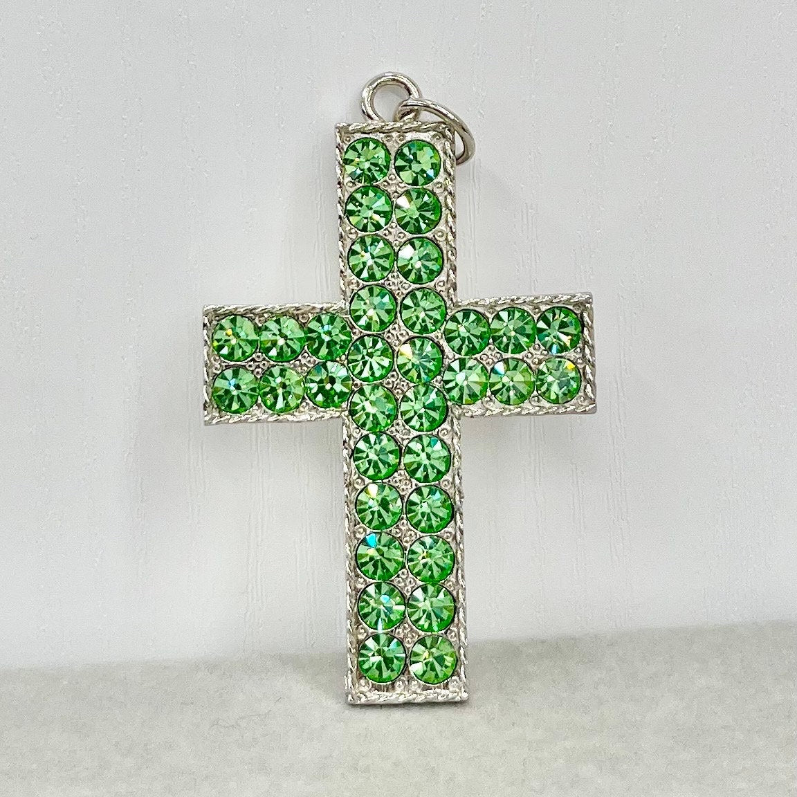 Statement Large Green Crystal Cross / Crucifix Pendant with Vintage Uranium Swarovski Crystal Elements UV Reactive Glow Gothic TheGreenGlassGemShop