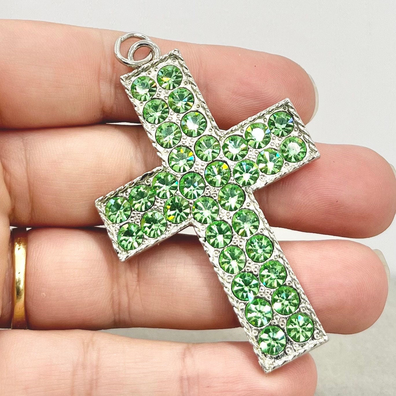 Statement Large Green Crystal Cross / Crucifix Pendant with Vintage Uranium Swarovski Crystal Elements UV Reactive Glow Gothic TheGreenGlassGemShop