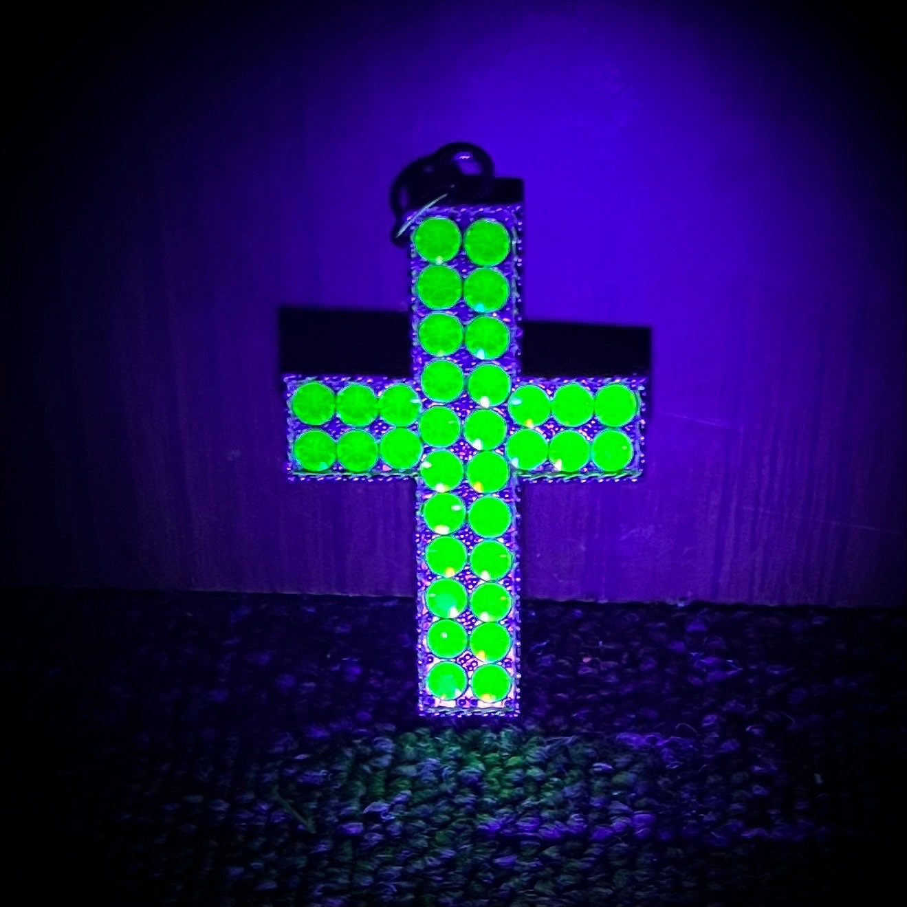 Statement Large Green Crystal Cross / Crucifix Pendant with Vintage Uranium Swarovski Crystal Elements UV Reactive Glow Gothic TheGreenGlassGemShop