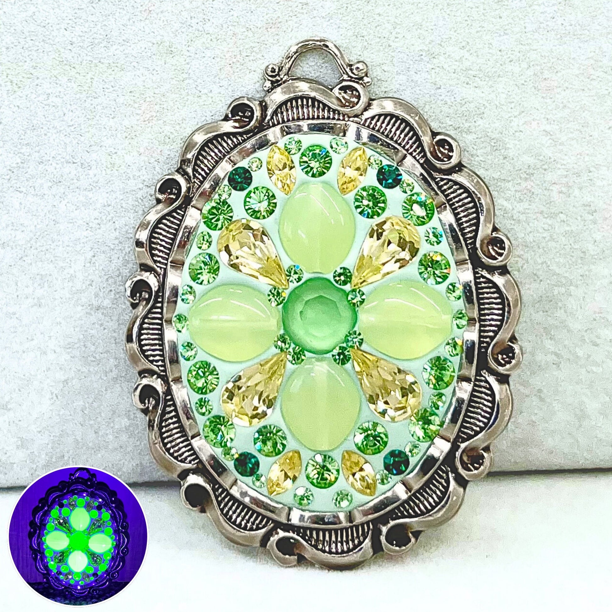 Uranium Glass & Crystal Pendant with Vintage Uranium Swarovski Crystal Elements in a Silver Tone Setting UV Reactive Glow TheGreenGlassGemShop