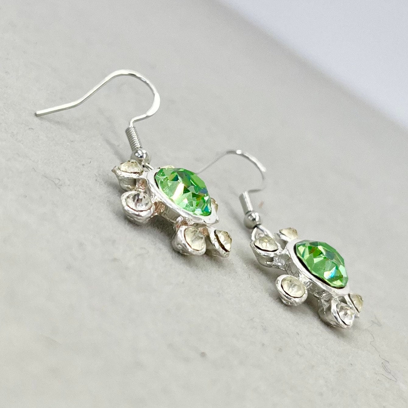 Vintage Green Uranium Glass Crystal Daisy Drop Earrings with Swarovski Crystal Elements UV Reactive Glow TheGreenGlassGemShop