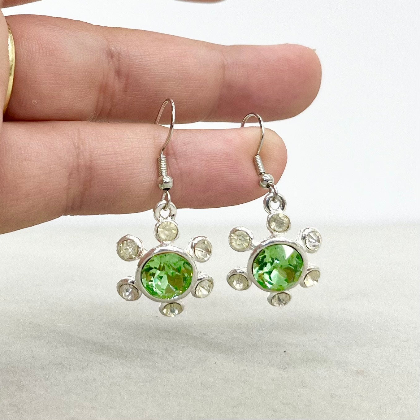 Vintage Green Uranium Glass Crystal Daisy Drop Earrings with Swarovski Crystal Elements UV Reactive Glow TheGreenGlassGemShop