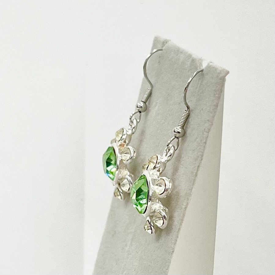 Vintage Green Uranium Glass Crystal Daisy Drop Earrings with Swarovski Crystal Elements UV Reactive Glow TheGreenGlassGemShop