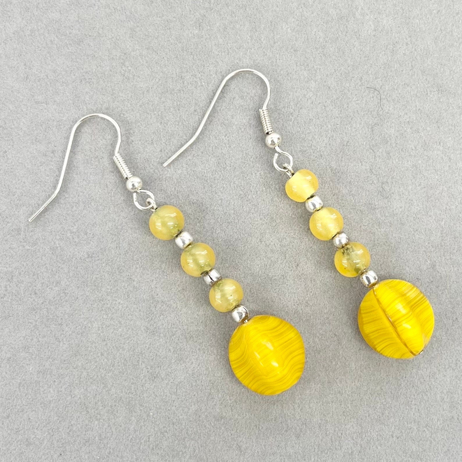 Uranium Yellow Glass & Cadmium Bead Drop Earrings Silver Plate with a UV Reactive Glow TheGreenGlassGemShop