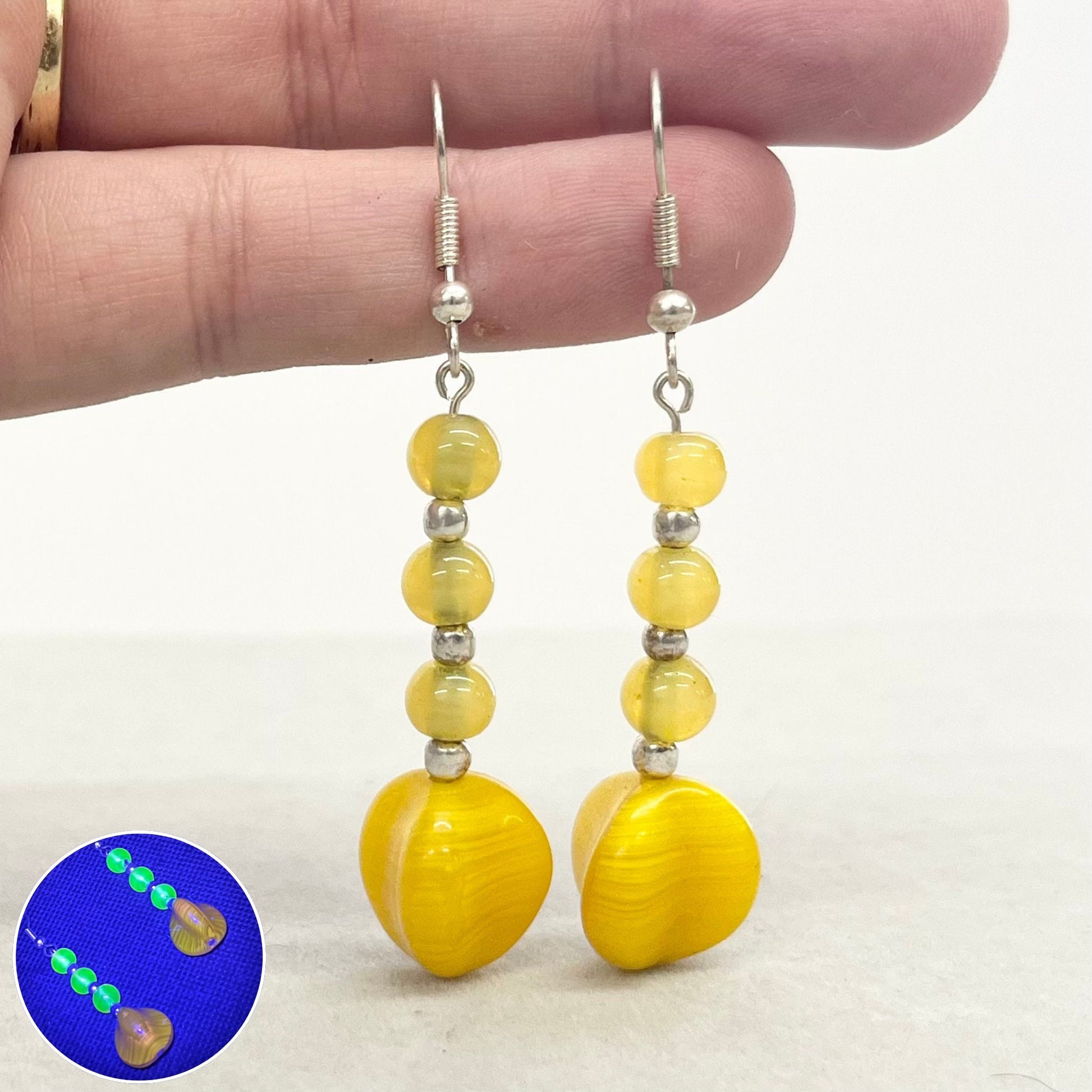 Uranium Yellow Glass & Cadmium Bead Drop Earrings Silver Plate with a UV Reactive Glow TheGreenGlassGemShop