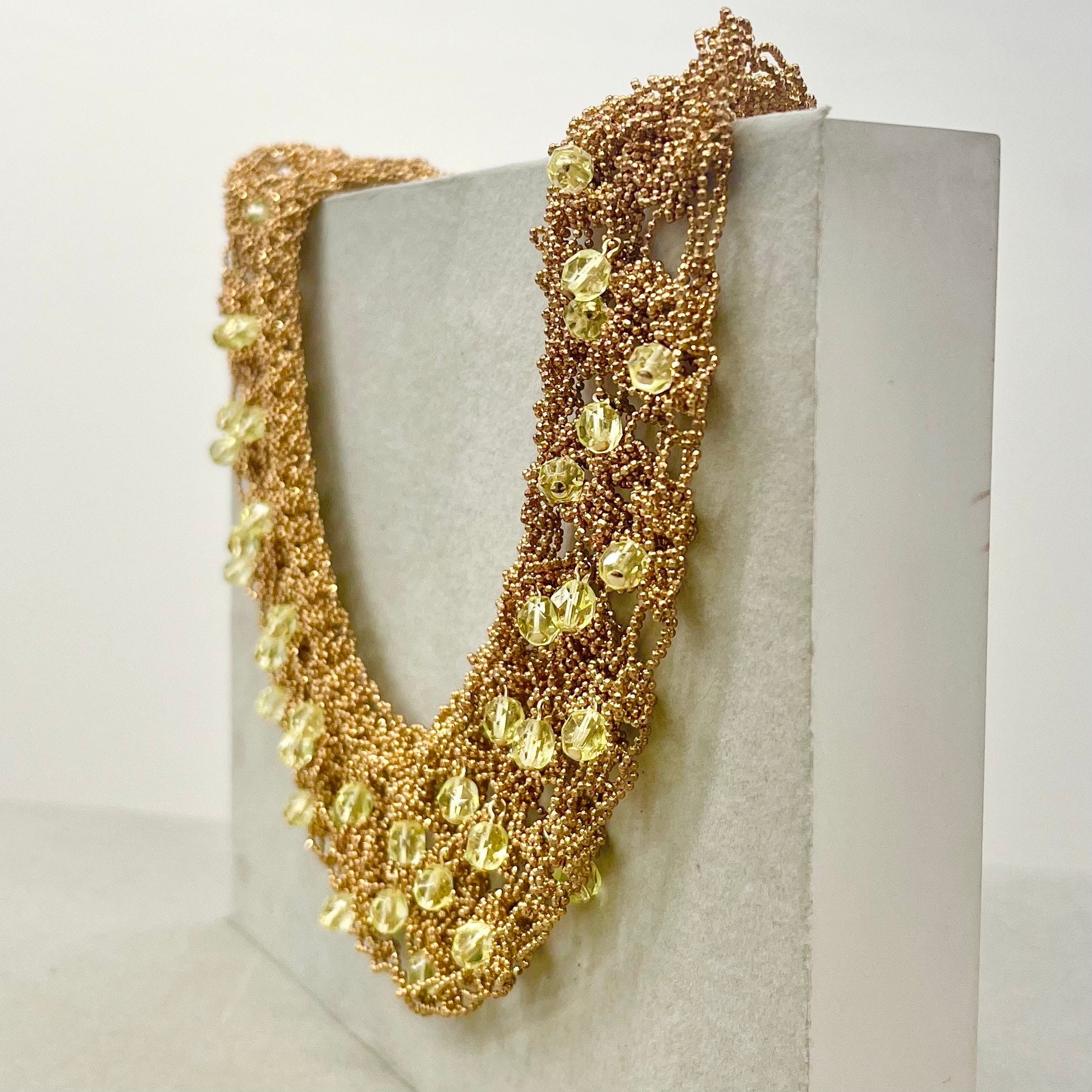 Uranium Glass Crystal Adorned Necklace Gold Tone Crocheted Collar Cleopatra Necklace Statement Jewellery TheGreenGlassGemShop