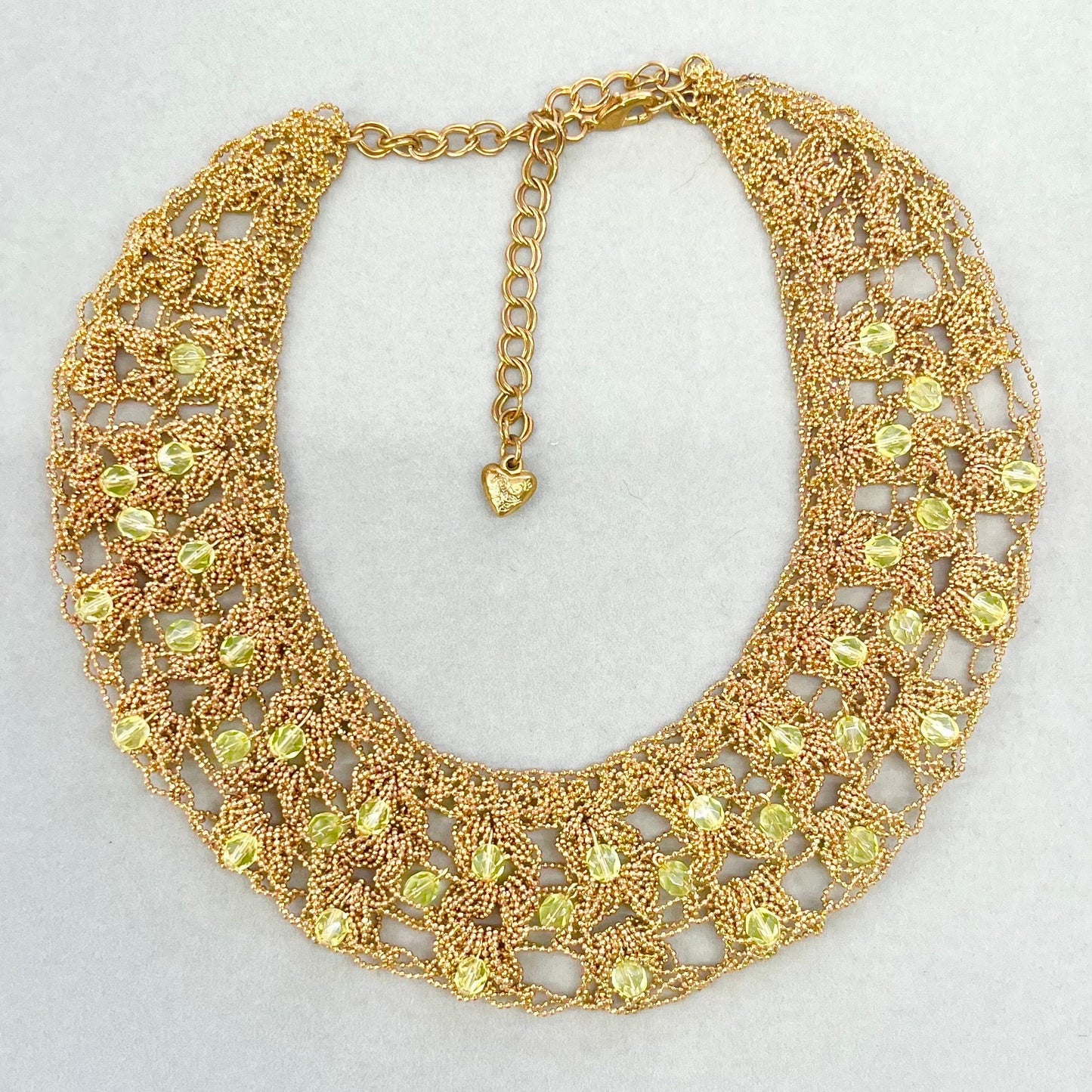 Uranium Glass Crystal Adorned Necklace Gold Tone Crocheted Collar Cleopatra Necklace Statement Jewellery TheGreenGlassGemShop