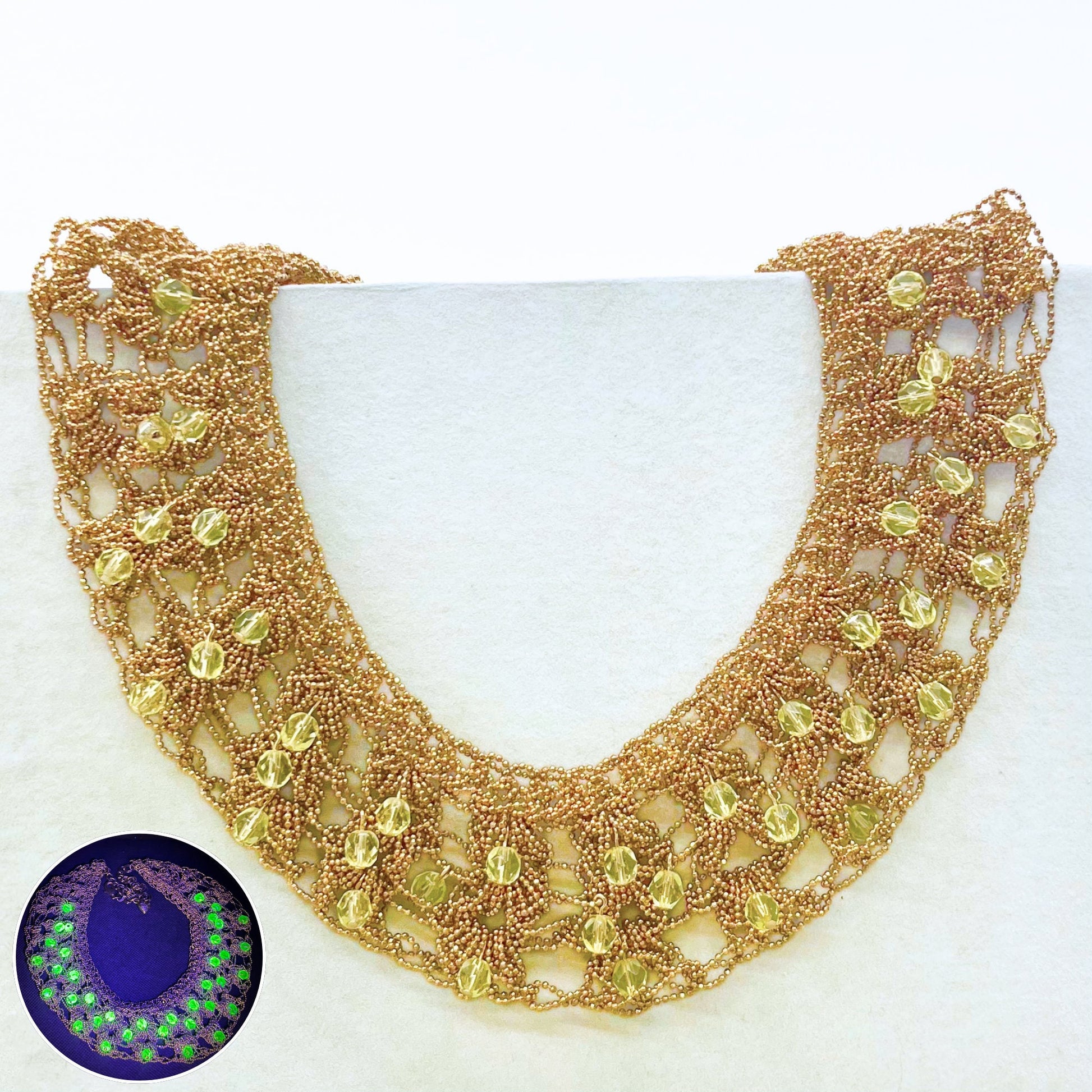 Uranium Glass Crystal Adorned Necklace Gold Tone Crocheted Collar Cleopatra Necklace Statement Jewellery TheGreenGlassGemShop