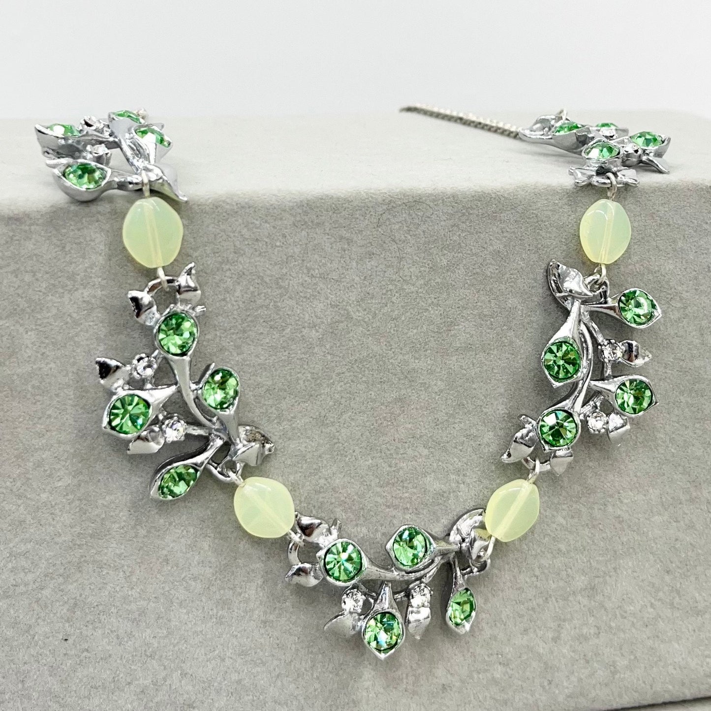 Vintage Sparkling Green Uranium Crystal Necklace Calla Lily Floral Design in a Silvef Plated Setting UV Reactive Glowing Jewellery TheGreenGlassGemShop