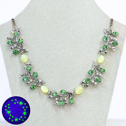 Vintage Sparkling Green Uranium Crystal Necklace Calla Lily Floral Design in a Silvef Plated Setting UV Reactive Glowing Jewellery TheGreenGlassGemShop