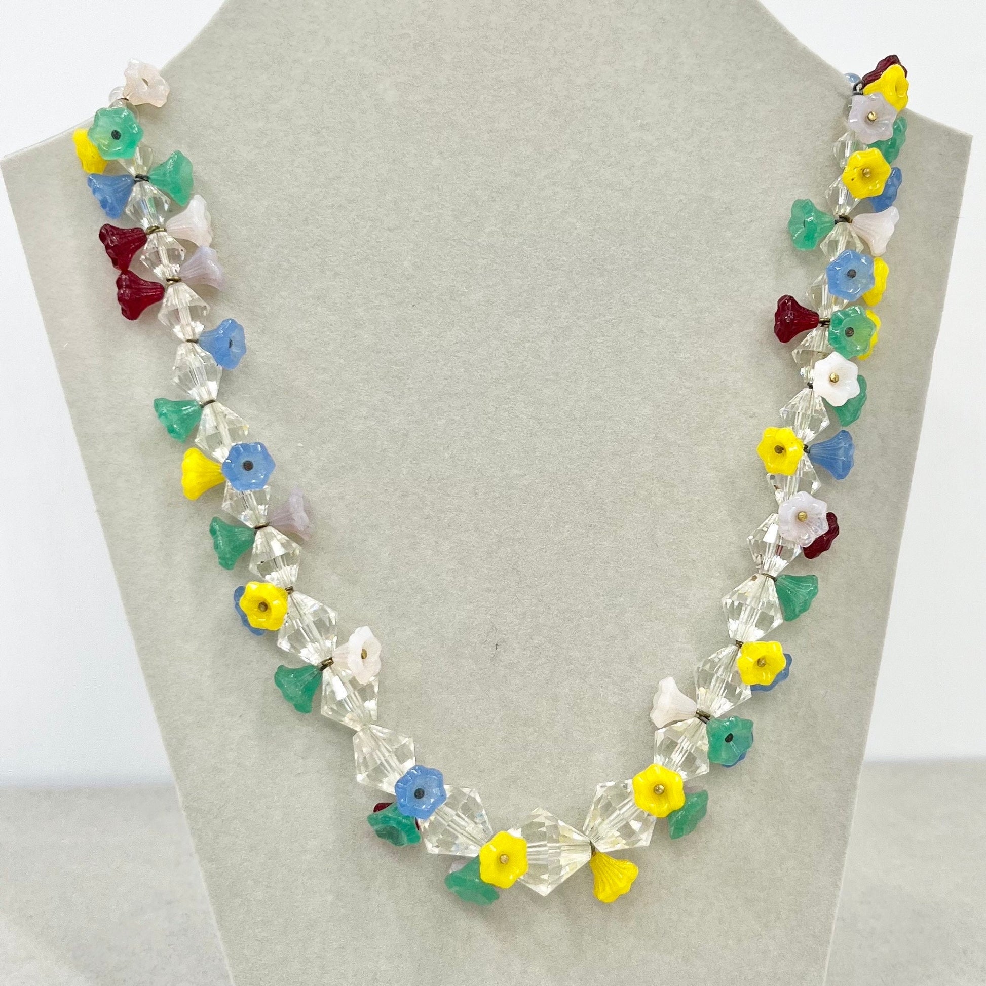 Vintage Art Deco Multi Coloured Flower Cluster Glass Bead Necklace with Uranium & Cadmium UV Reactive Glow Jewellery 17.5” TheGreenGlassGemShop