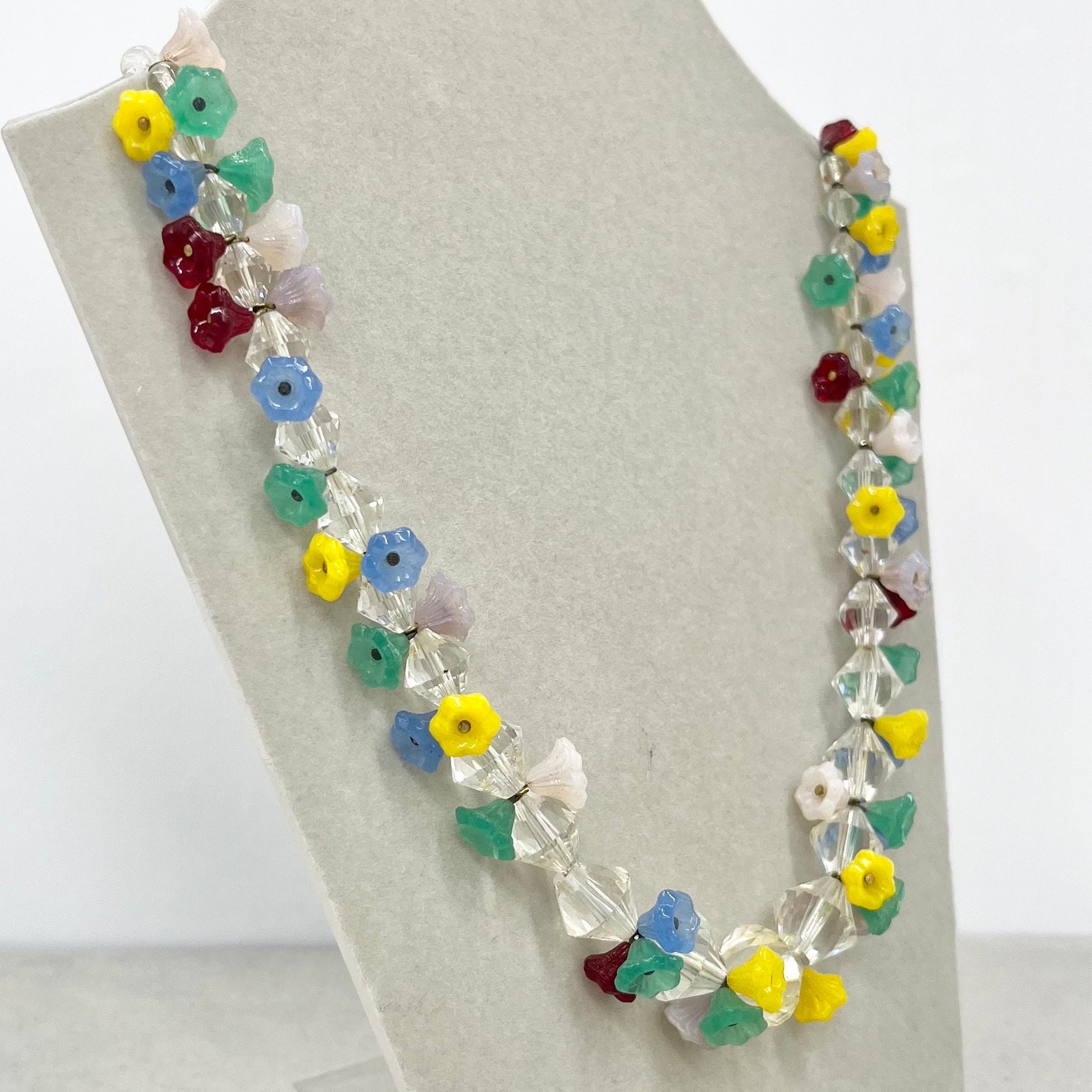 Vintage Art Deco Multi Coloured Flower Cluster Glass Bead Necklace with Uranium & Cadmium UV Reactive Glow Jewellery 17.5” TheGreenGlassGemShop