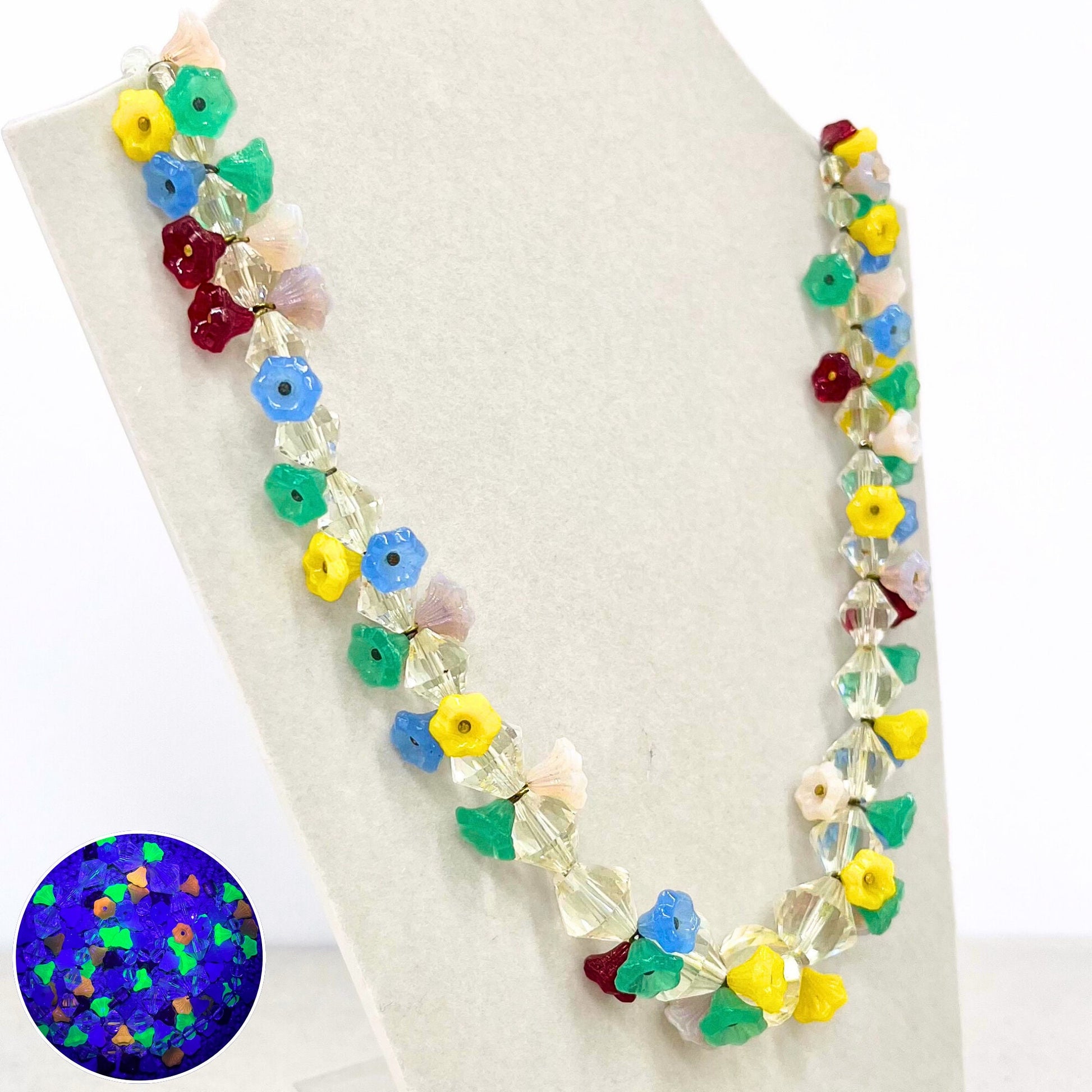 Vintage Art Deco Multi Coloured Flower Cluster Glass Bead Necklace with Uranium & Cadmium UV Reactive Glow Jewellery 17.5” TheGreenGlassGemShop