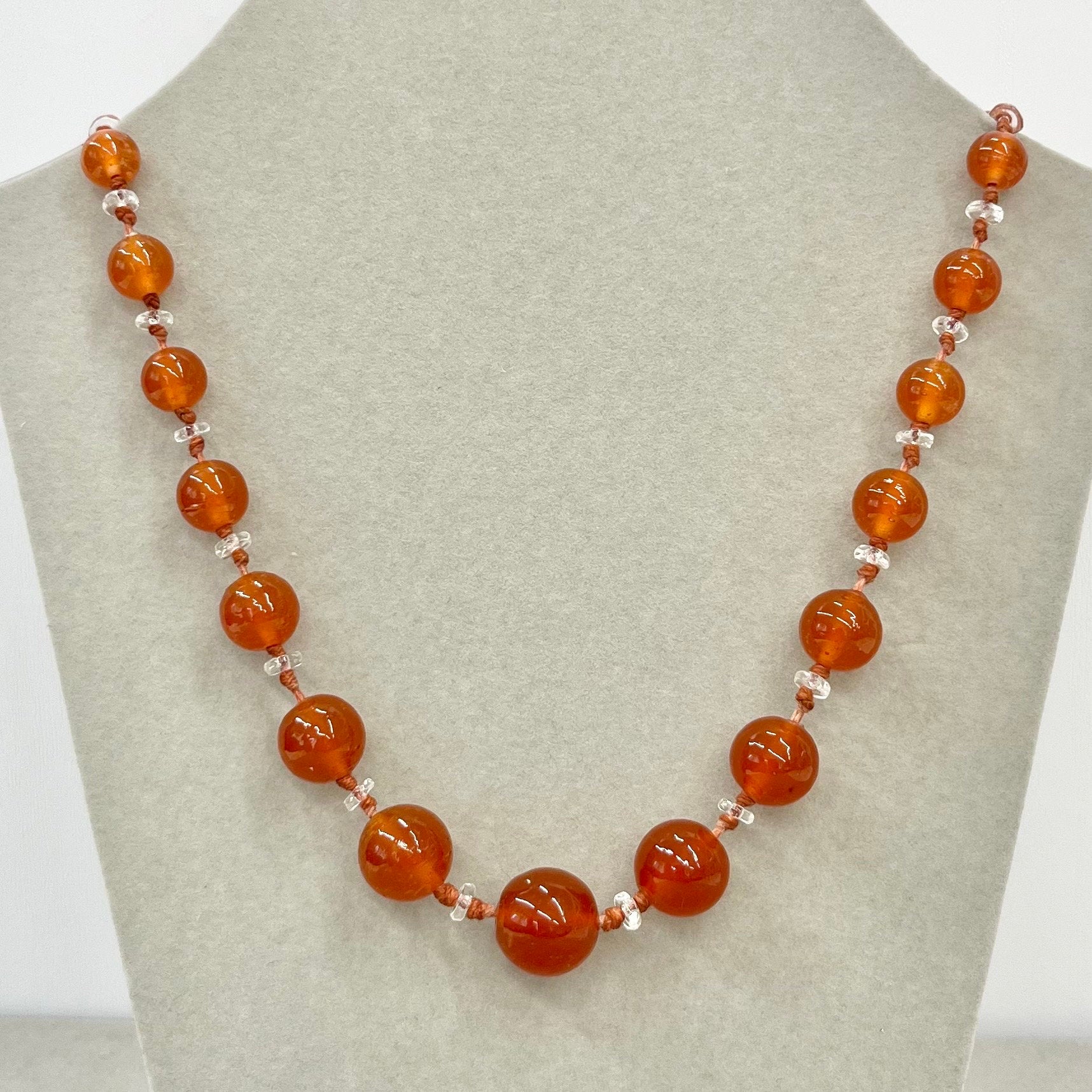 Vintage Carnelian Glass Uranium Graduated Bead Necklace Orange & Clear Beads Hand Knotted Bright Green / Yellow UV Reactive Glow 18” TheGreenGlassGemShop