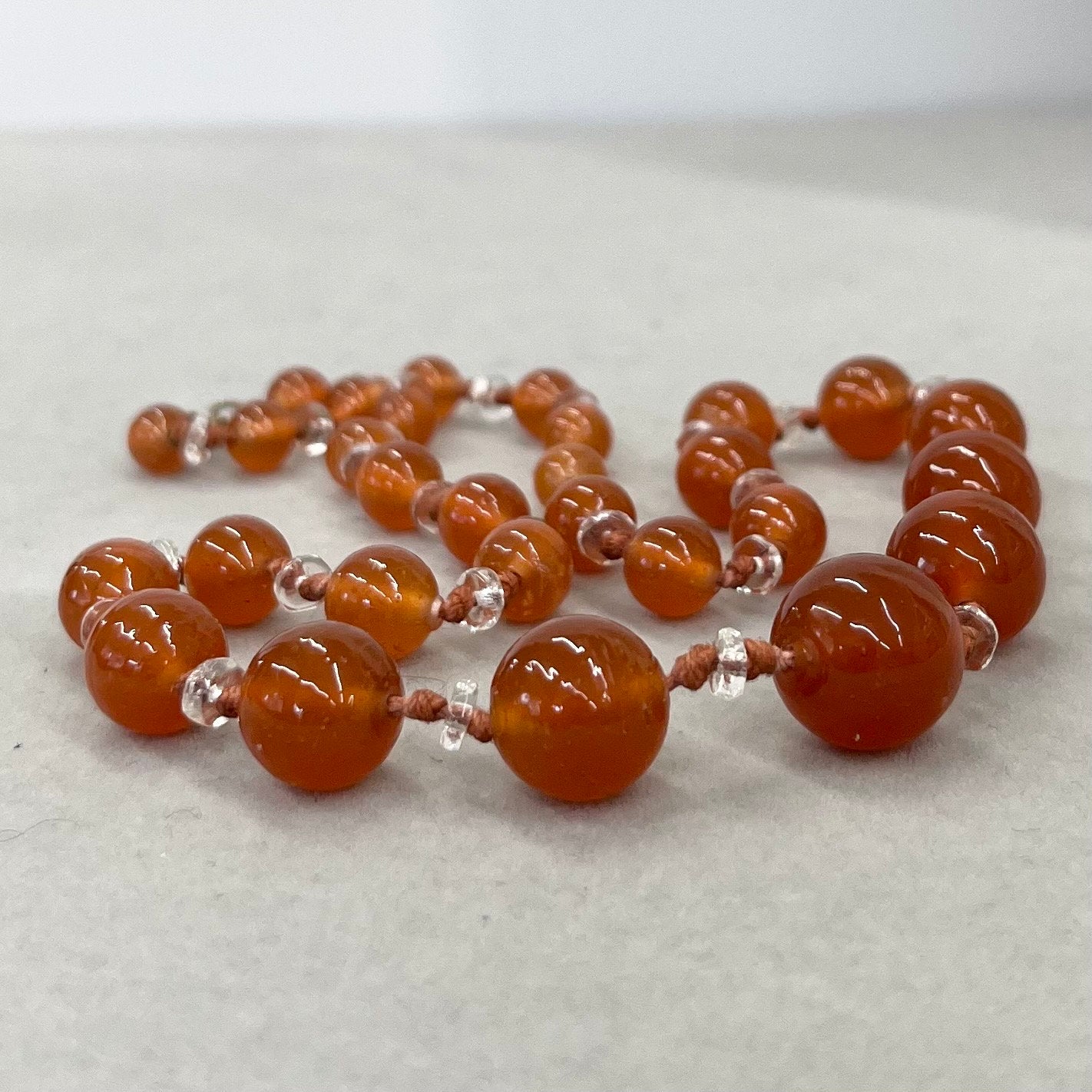 Vintage Carnelian Glass Uranium Graduated Bead Necklace Orange & Clear Beads Hand Knotted Bright Green / Yellow UV Reactive Glow 18” TheGreenGlassGemShop