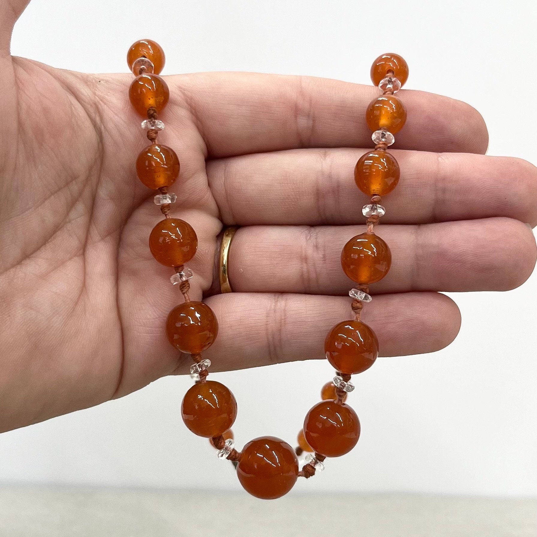 Vintage Carnelian Glass Uranium Graduated Bead Necklace Orange & Clear Beads Hand Knotted Bright Green / Yellow UV Reactive Glow 18” TheGreenGlassGemShop