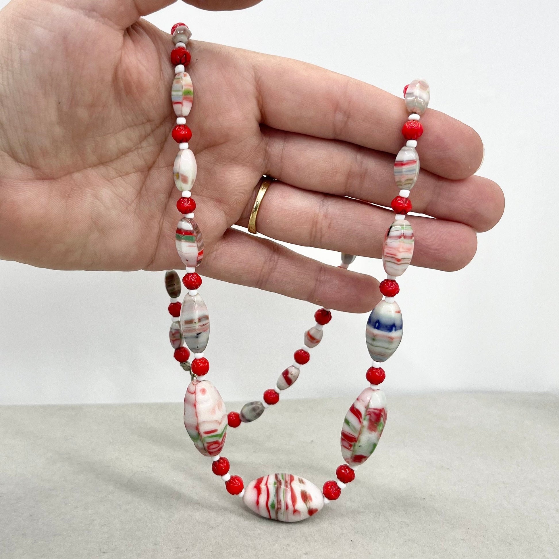 Vintage Uranium White & Red Striated Glass Graduated Bead Necklace UV Reactive Glow Jewellery 24” Unusual Quality Beads TheGreenGlassGemShop