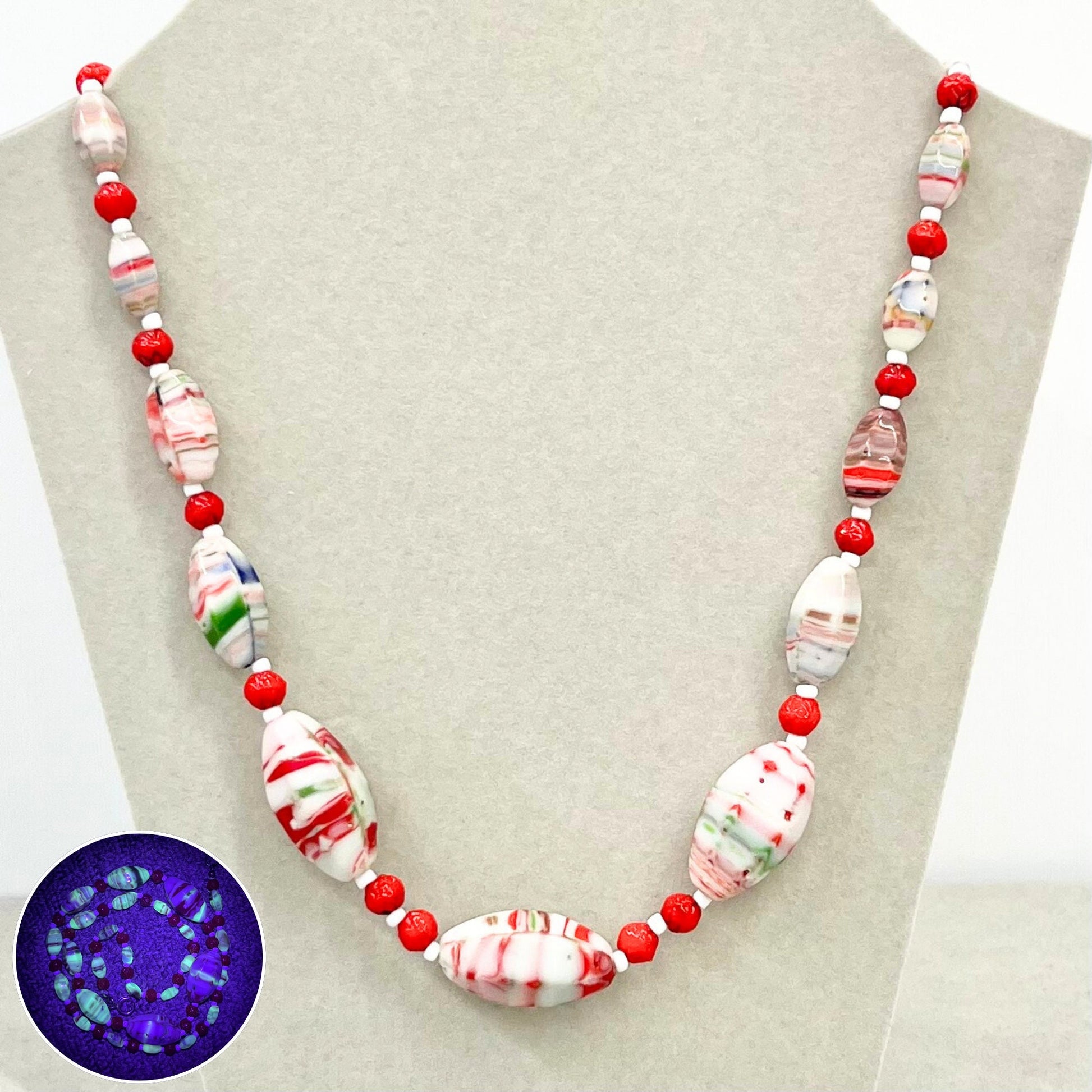 Vintage Uranium White & Red Striated Glass Graduated Bead Necklace UV Reactive Glow Jewellery 24” Unusual Quality Beads TheGreenGlassGemShop