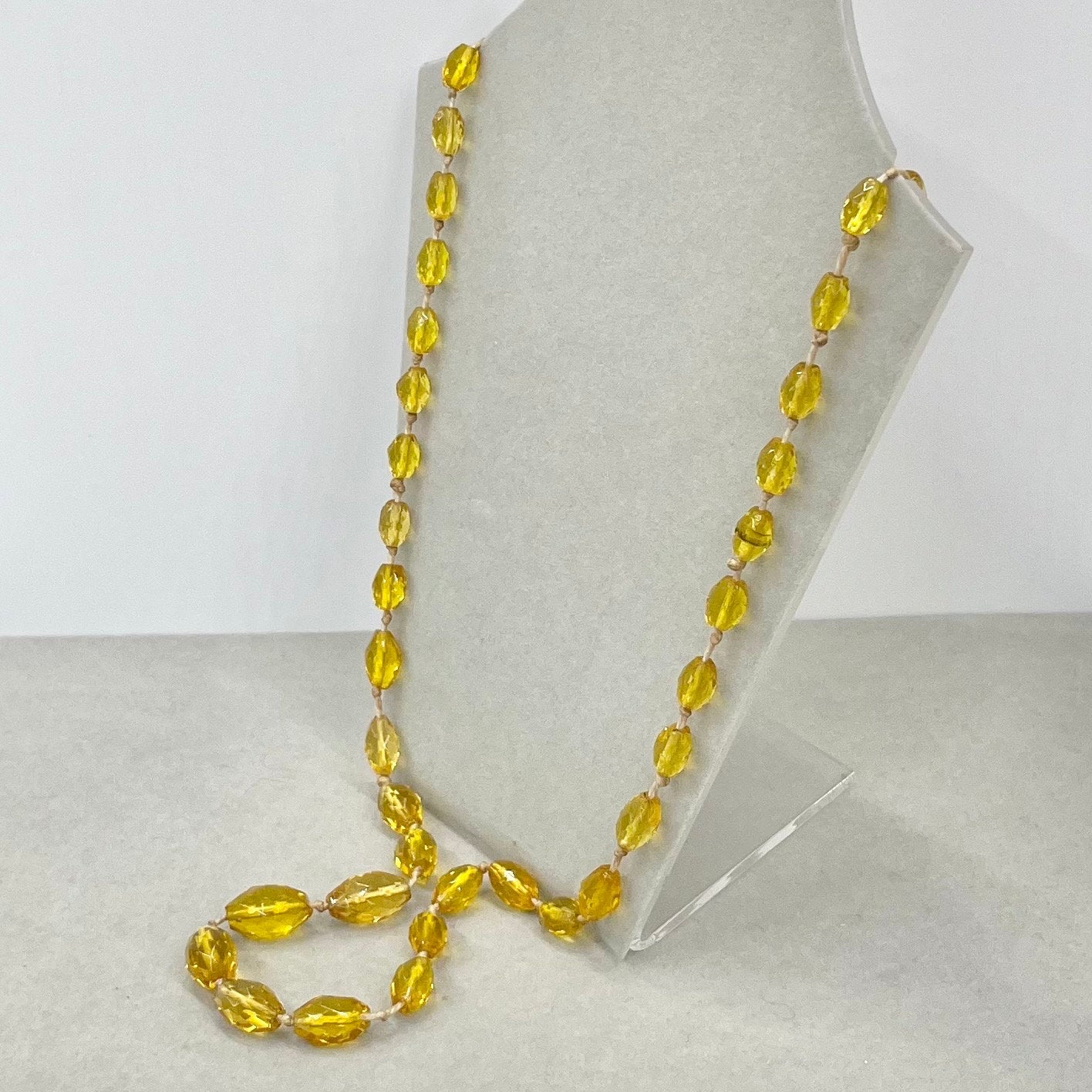 Vintage 29” Long Yellow Amber Faceted Glass Hand Knotted Bead Necklace Graduated Orange Cadmium UV Reactive Glow Jewellery TheGreenGlassGemShop