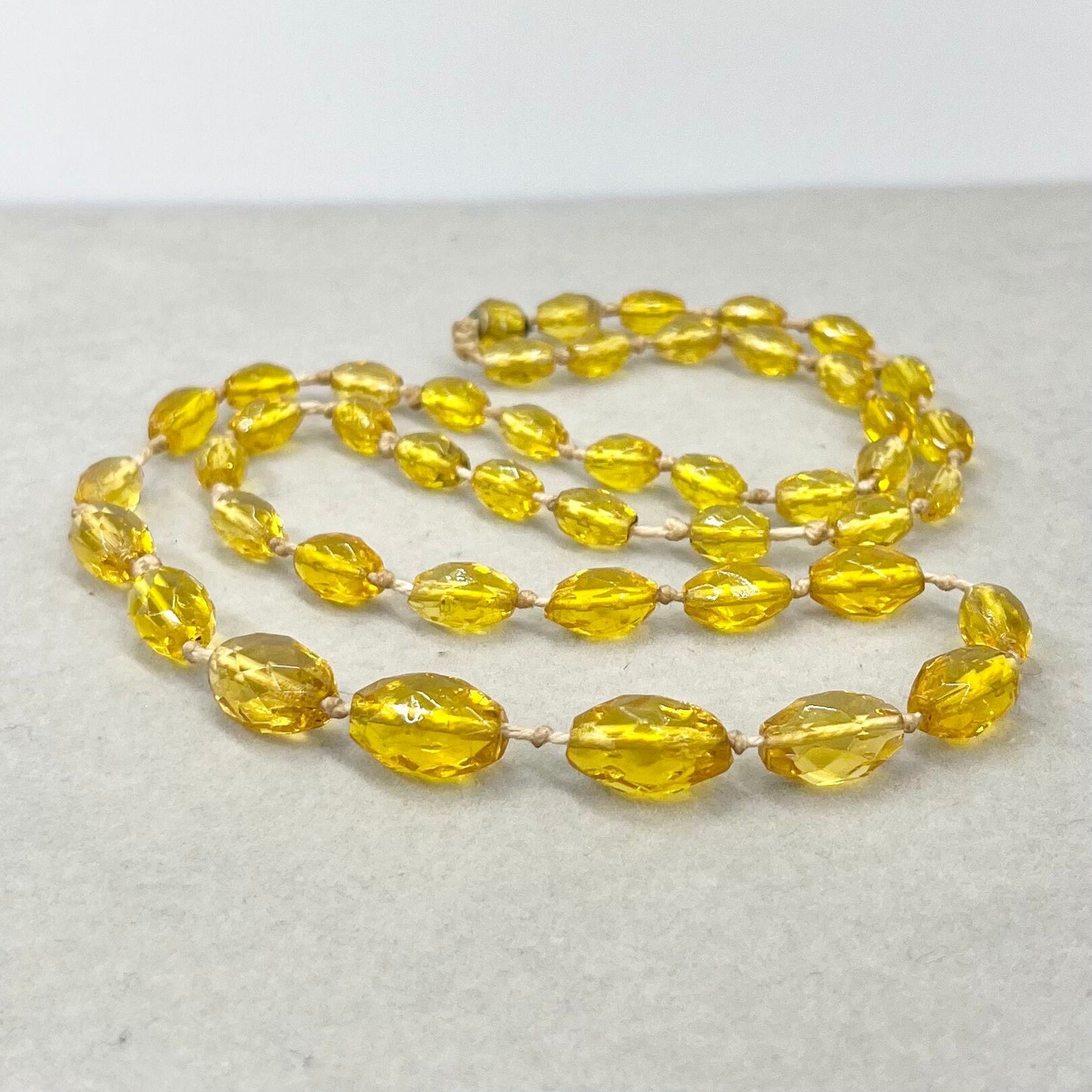 Vintage 29” Long Yellow Amber Faceted Glass Hand Knotted Bead Necklace Graduated Orange Cadmium UV Reactive Glow Jewellery TheGreenGlassGemShop