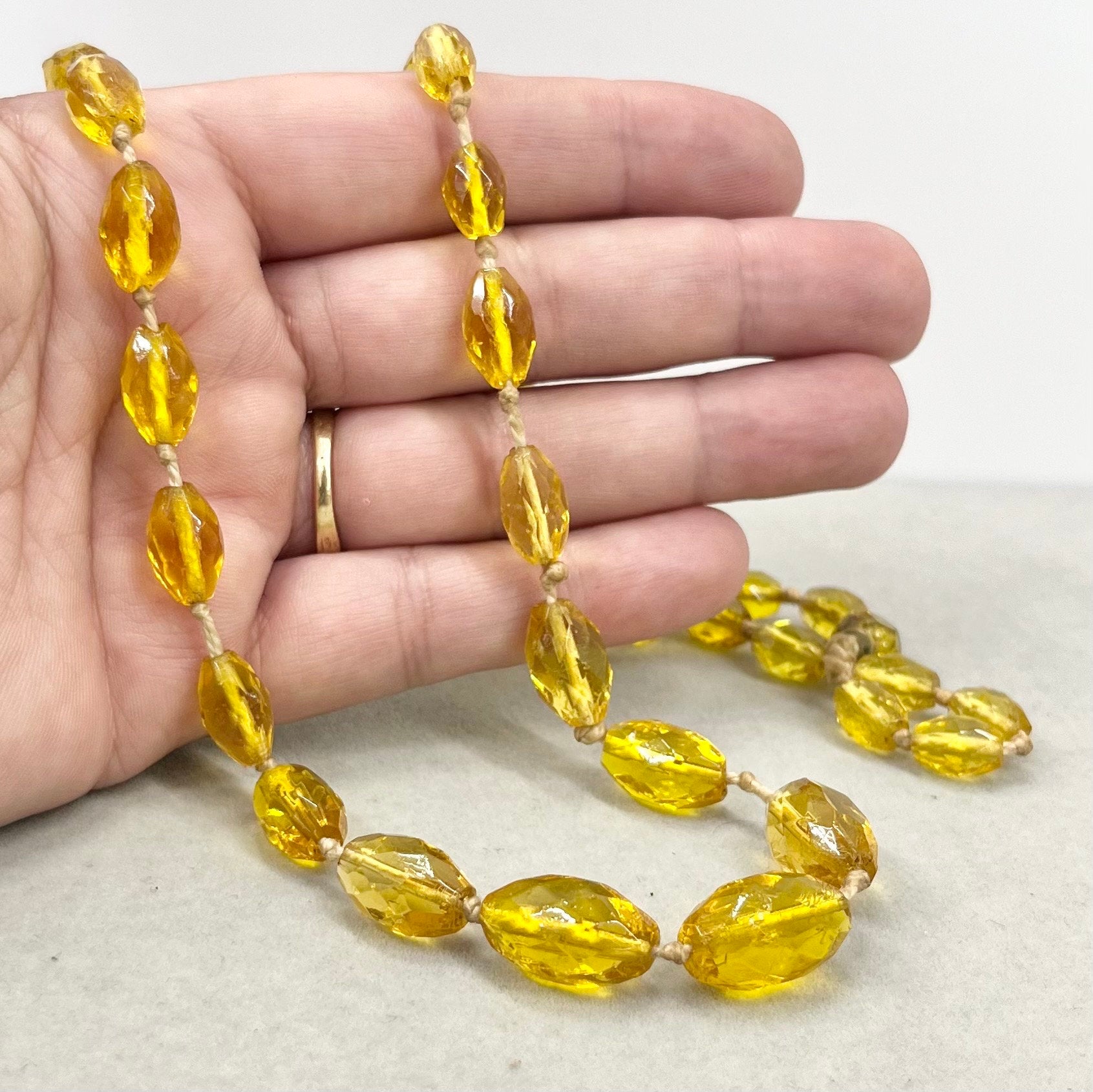 Vintage 29” Long Yellow Amber Faceted Glass Hand Knotted Bead Necklace Graduated Orange Cadmium UV Reactive Glow Jewellery TheGreenGlassGemShop