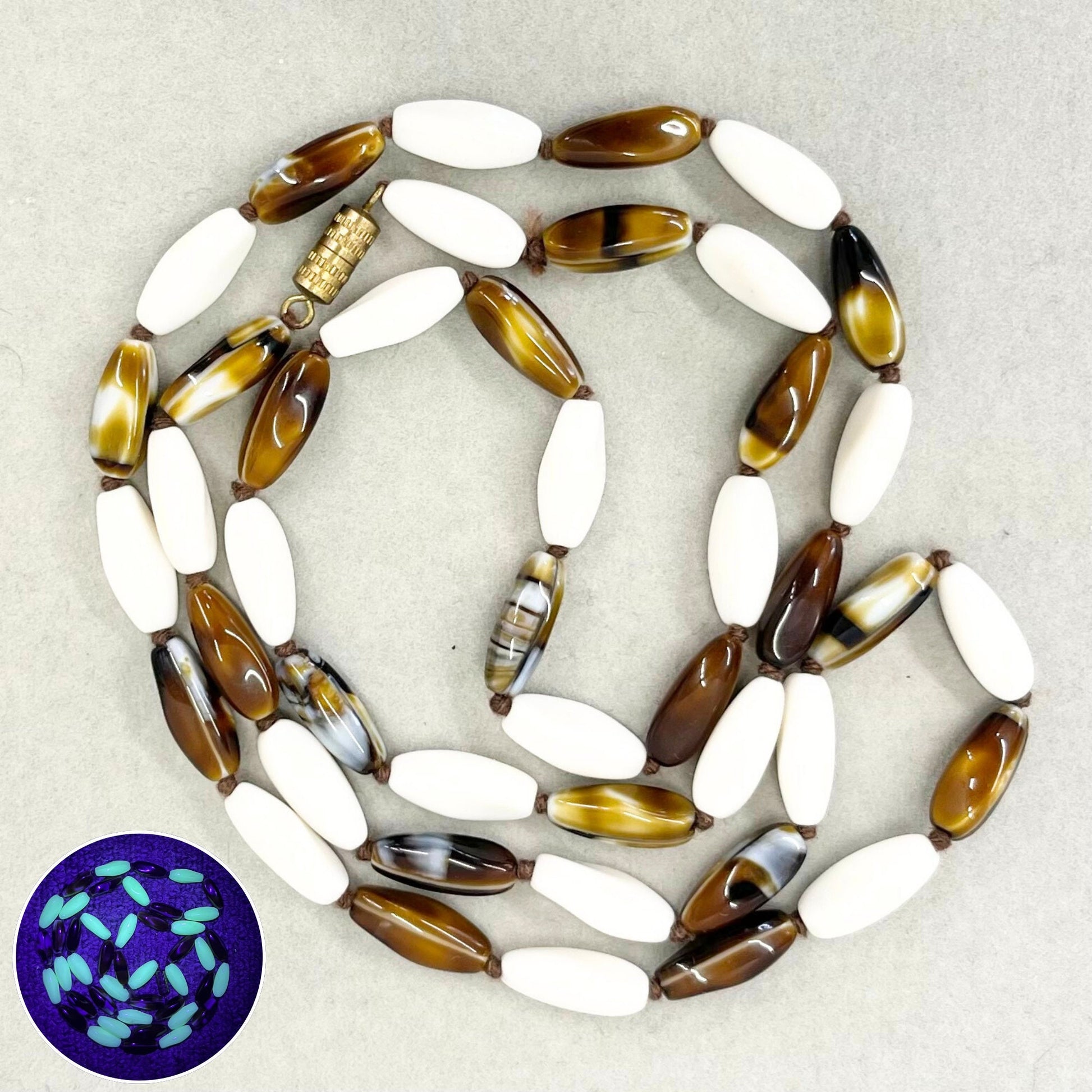 Vintage White Uranium & Brown Glass Bead Hand Knotted Necklace UV Reactive Glow Jewellery 30” Unusual Quality Beads TheGreenGlassGemShop