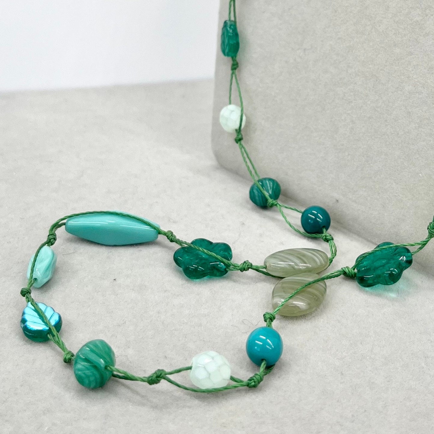 Vintage Green Czech Glass Bead Hand Knotted Cord Necklace Uranium UV Reactive Glow Jewellery 29” Unusual Quality Beads TheGreenGlassGemShop