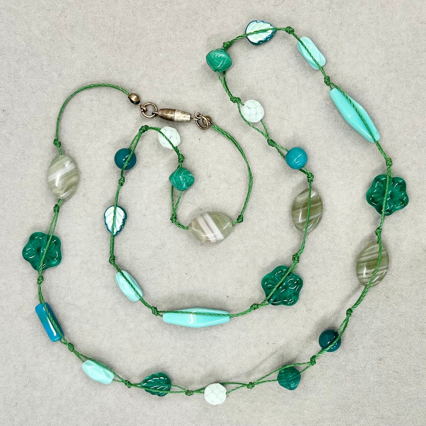 Vintage Green Czech Glass Bead Hand Knotted Cord Necklace Uranium UV Reactive Glow Jewellery 29” Unusual Quality Beads TheGreenGlassGemShop